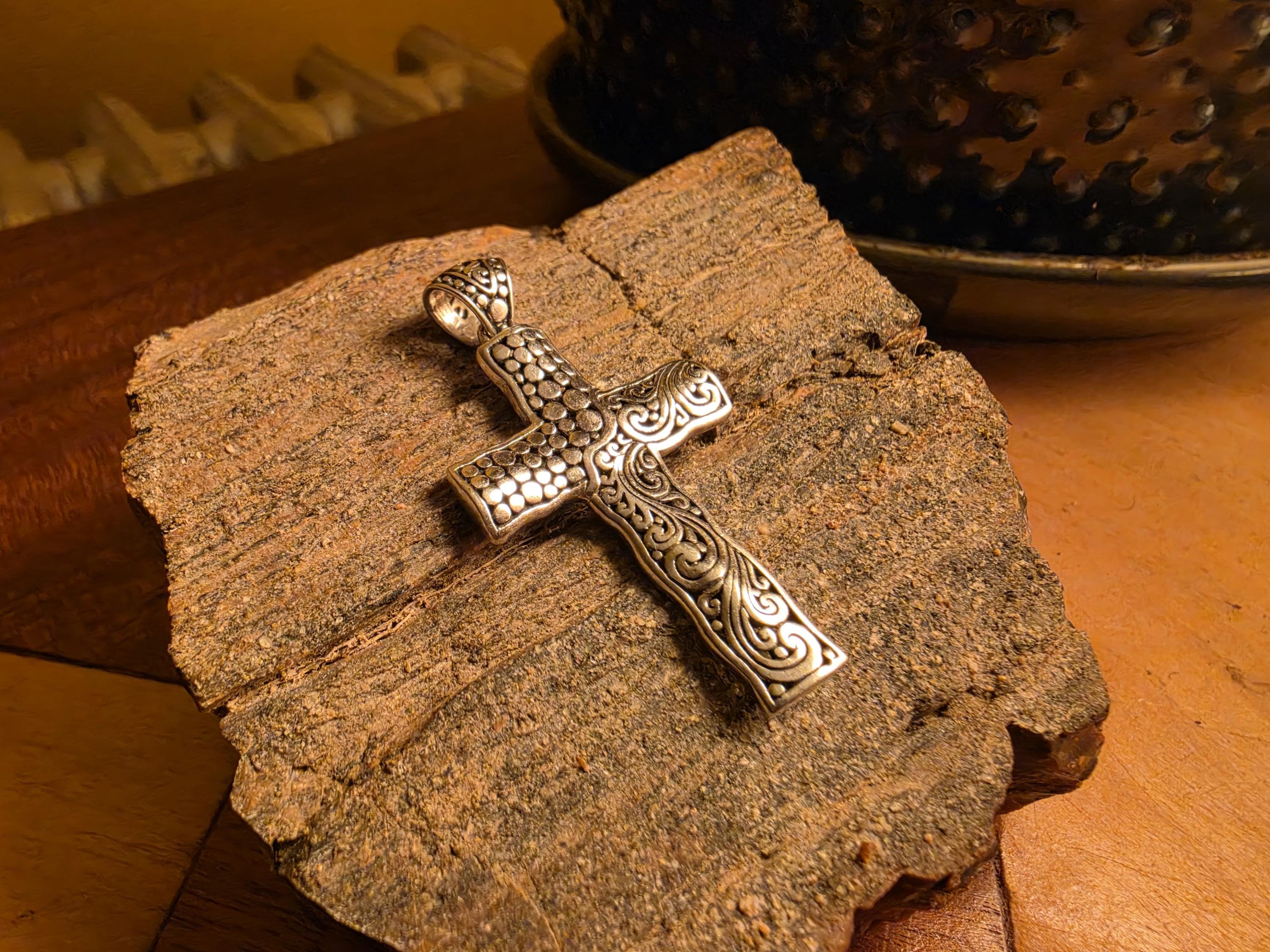 925 Sterling Silver Large Cross Pendant | Mixed Texture Bali Style | Raised Dot & Scroll Design | 6 Grams | Mens Womens Religious Jewelry