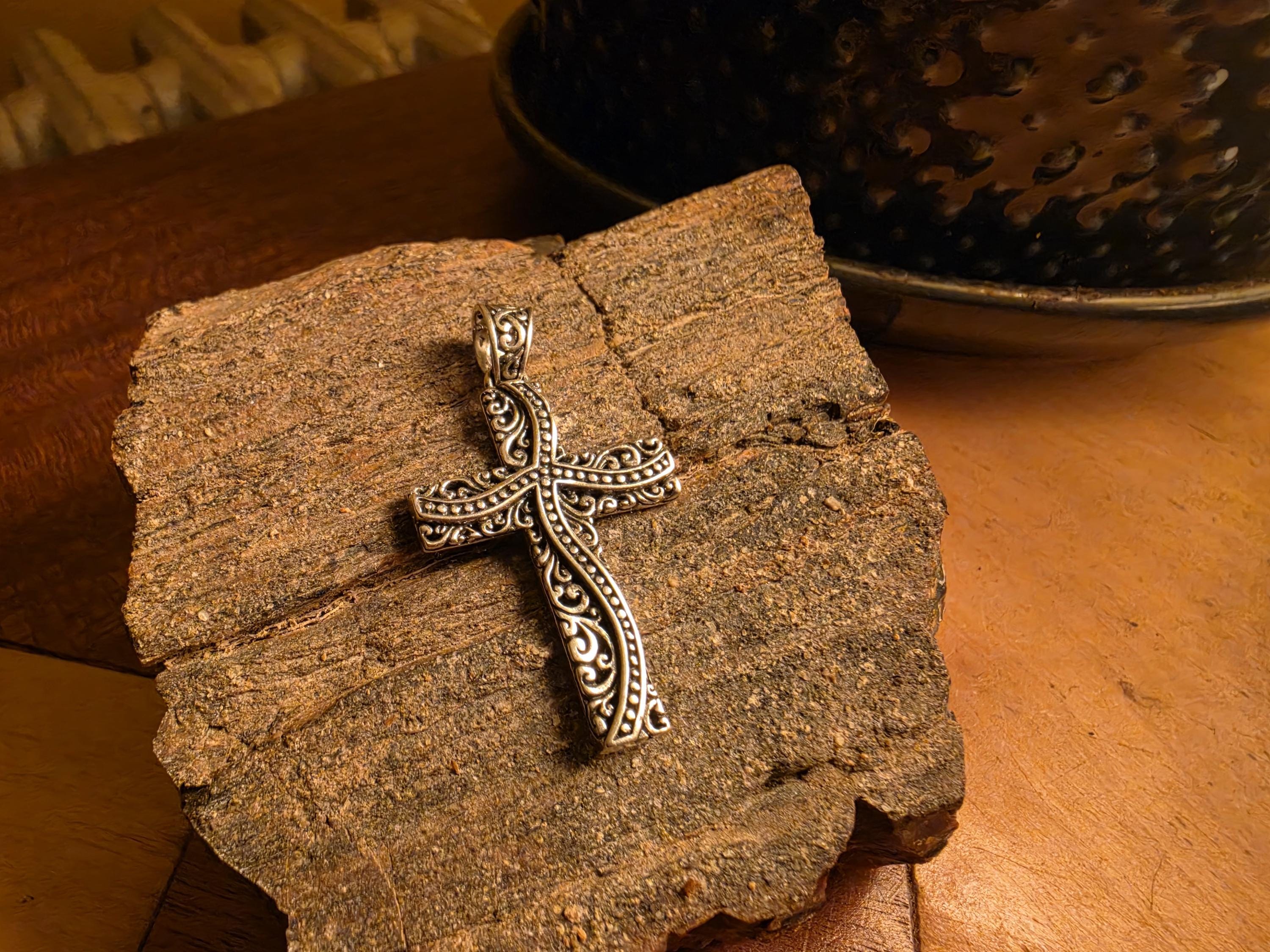 925 Sterling Silver Filigree Scroll Cross Pendant | 7 Grams | Ornate Bali Style Cross Charm | Religious Jewelry | Gift for Her Him