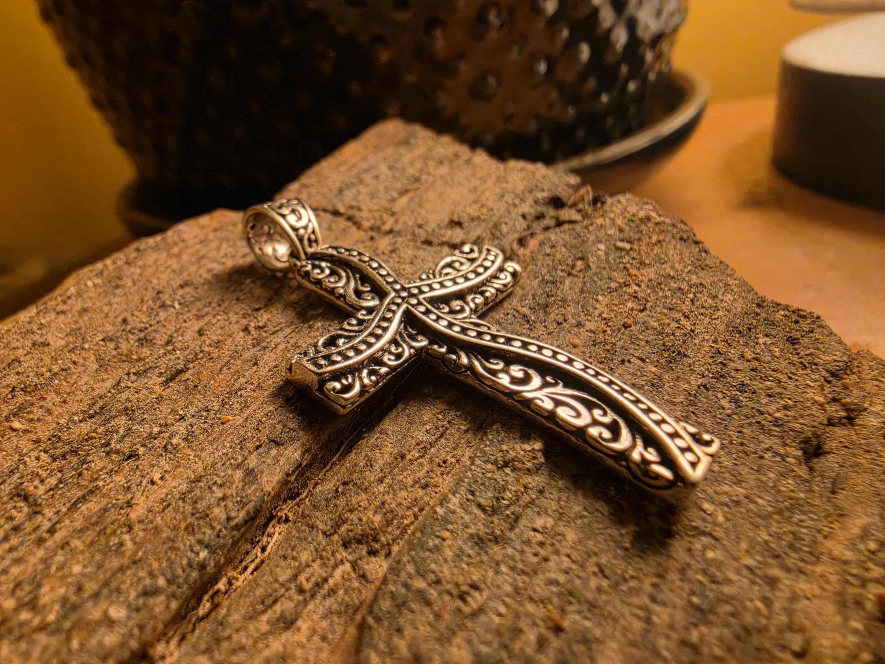925 Sterling Silver Filigree Scroll Cross Pendant | 7 Grams | Ornate Bali Style Cross Charm | Religious Jewelry | Gift for Her Him