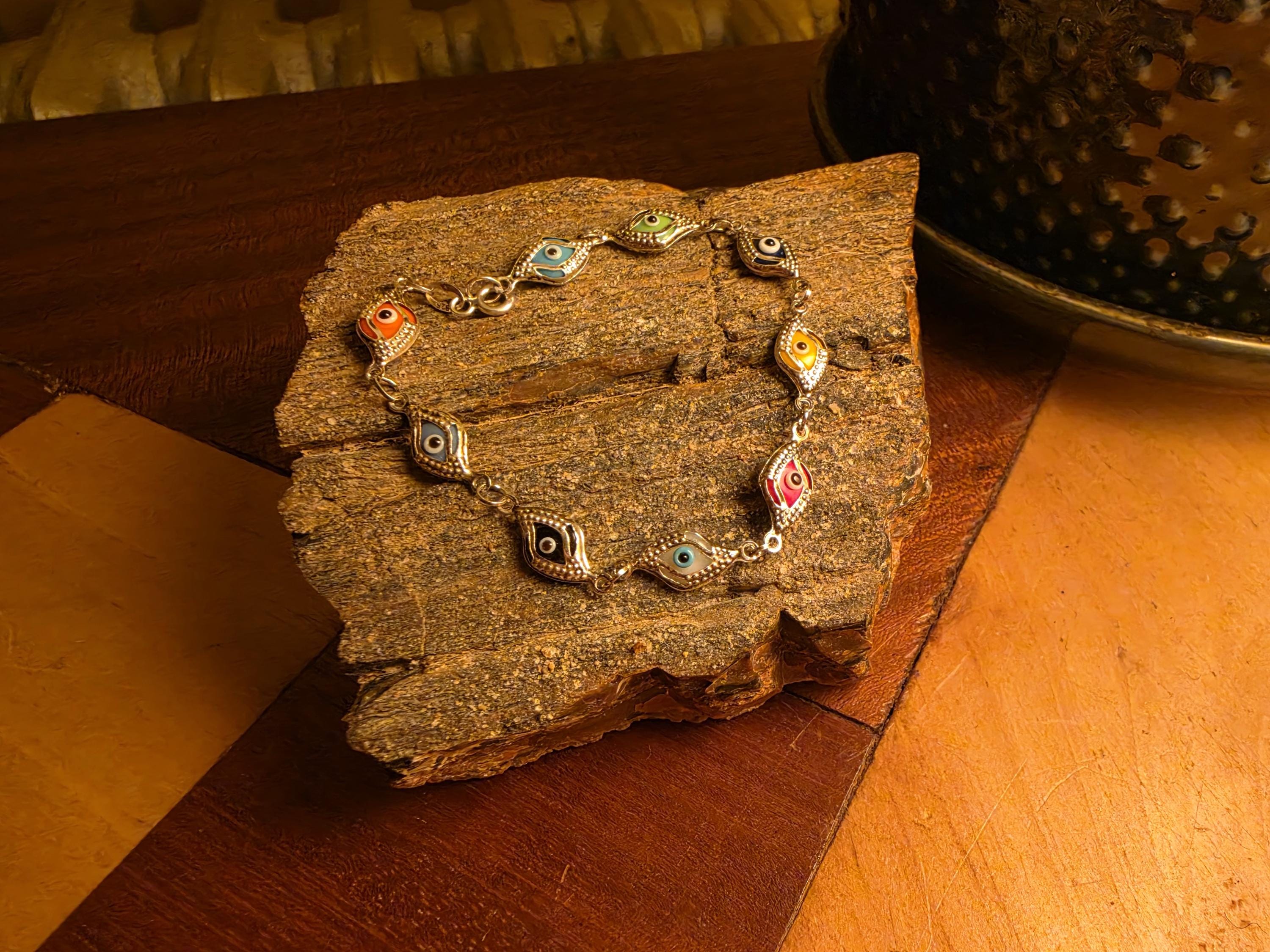 Multi Color Evil Eye Link Bracelet | 925 Sterling Silver | Diamond Shape Nazar Charm Bracelet | Protection Jewelry | Boho Stack Bracelet