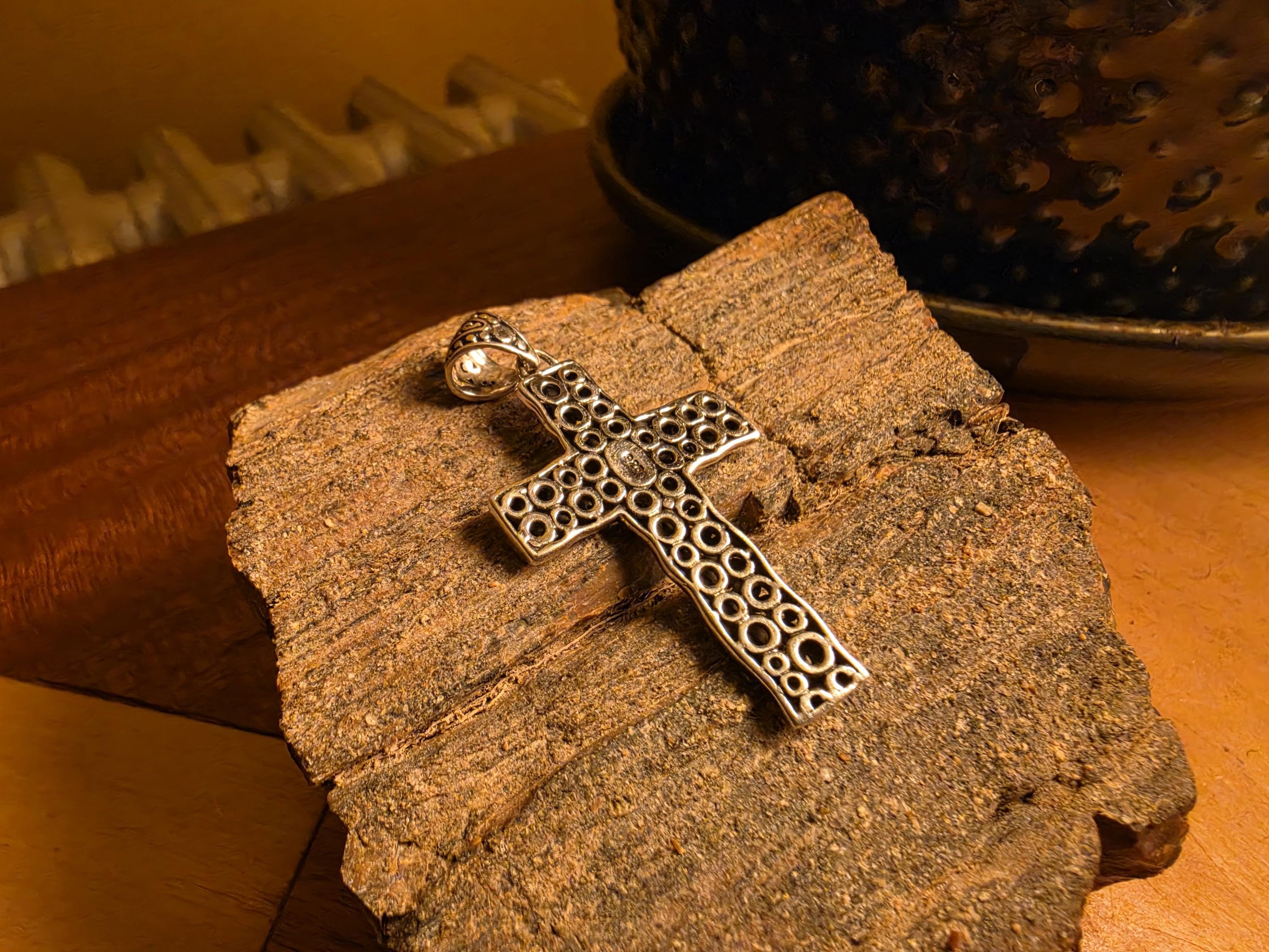 925 Sterling Silver Large Cross Pendant | Mixed Texture Bali Style | Raised Dot & Scroll Design | 6 Grams | Mens Womens Religious Jewelry