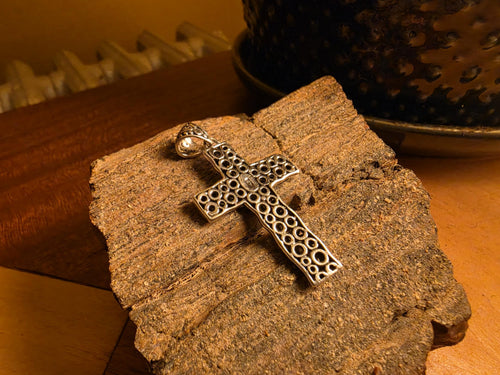 925 Sterling Silver Large Cross Pendant | Mixed Texture Bali Style | Raised Dot & Scroll Design | 6 Grams | Mens Womens Religious Jewelry