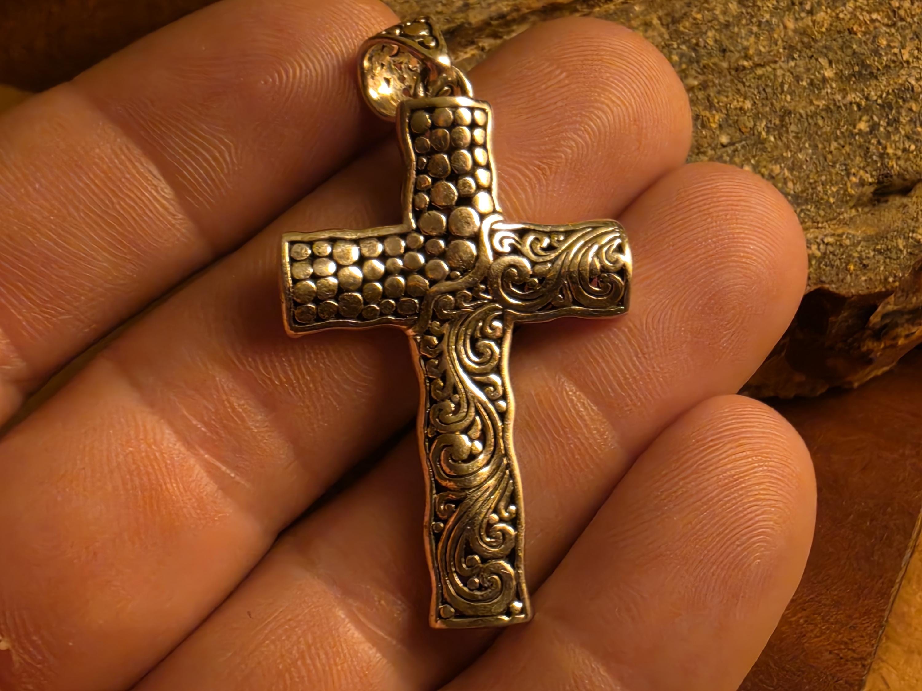 925 Sterling Silver Large Cross Pendant | Mixed Texture Bali Style | Raised Dot & Scroll Design | 6 Grams | Mens Womens Religious Jewelry