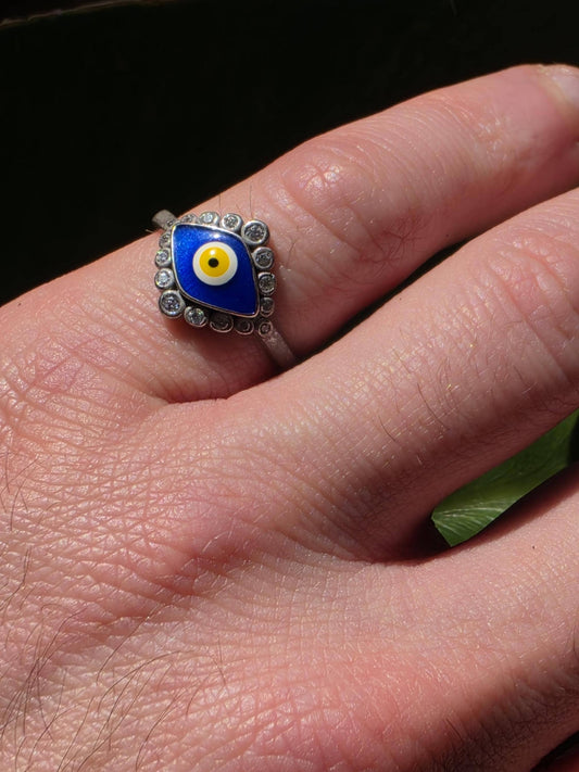 Sterling Silver Evil Eye Ring | Blue Enamel CZ Halo | 925 Silver | Multiple Sizes | Protection Ring