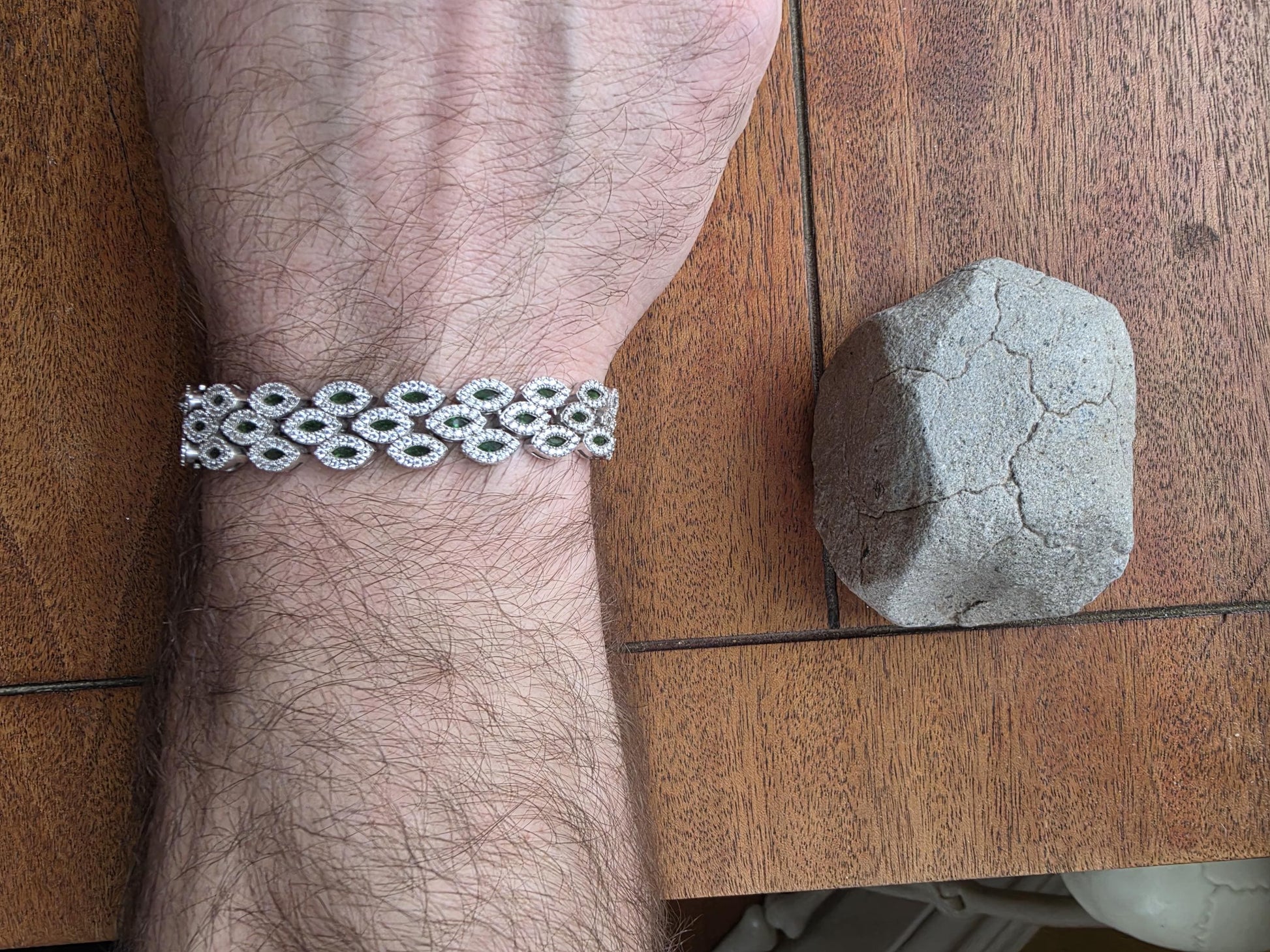 Sterling Silver CZ & Emerald Green Marquise Link Tennis Bracelet — 7.5 Inch Statement Bracelet — 33g 925 Silver — Bridal, Anniversary Gift