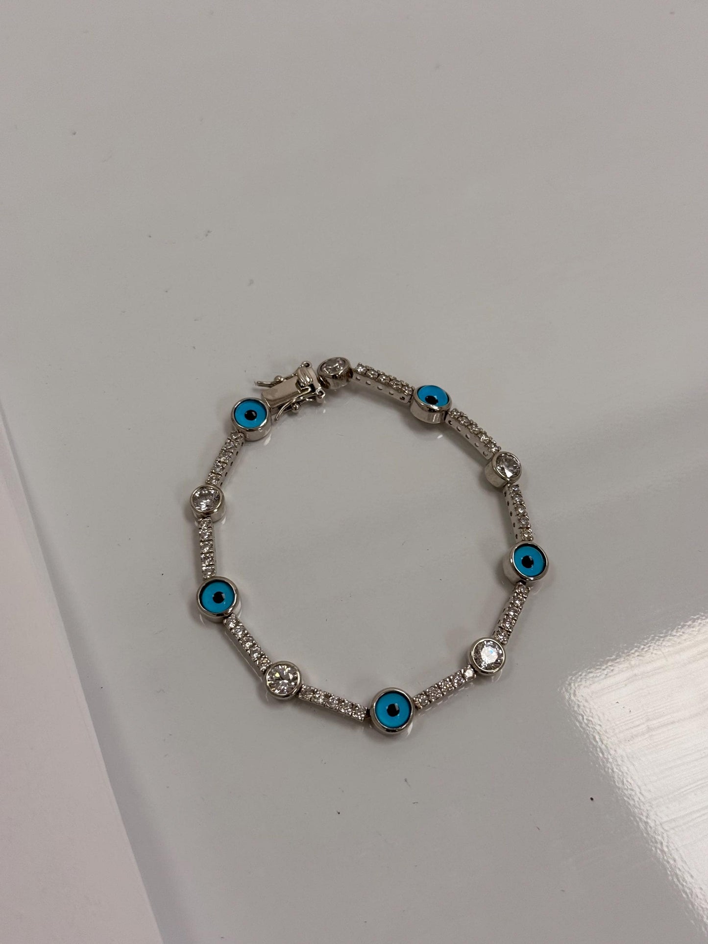 Sterling Silver Evil Eye Bracelet | 925 Silver | Blue Enamel | CZ | 7.5 Inch | Protection Bracelet