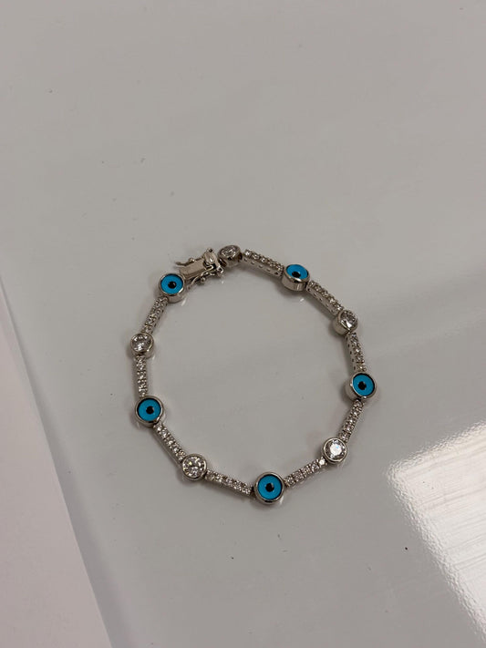 Sterling Silver Evil Eye Bracelet | 925 Silver | Blue Enamel | CZ | 7.5 Inch | Protection Bracelet