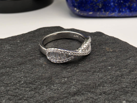 Sterling Silver CZ Pave Wave Ring — Stackable Dainty Band 925 Size 7
