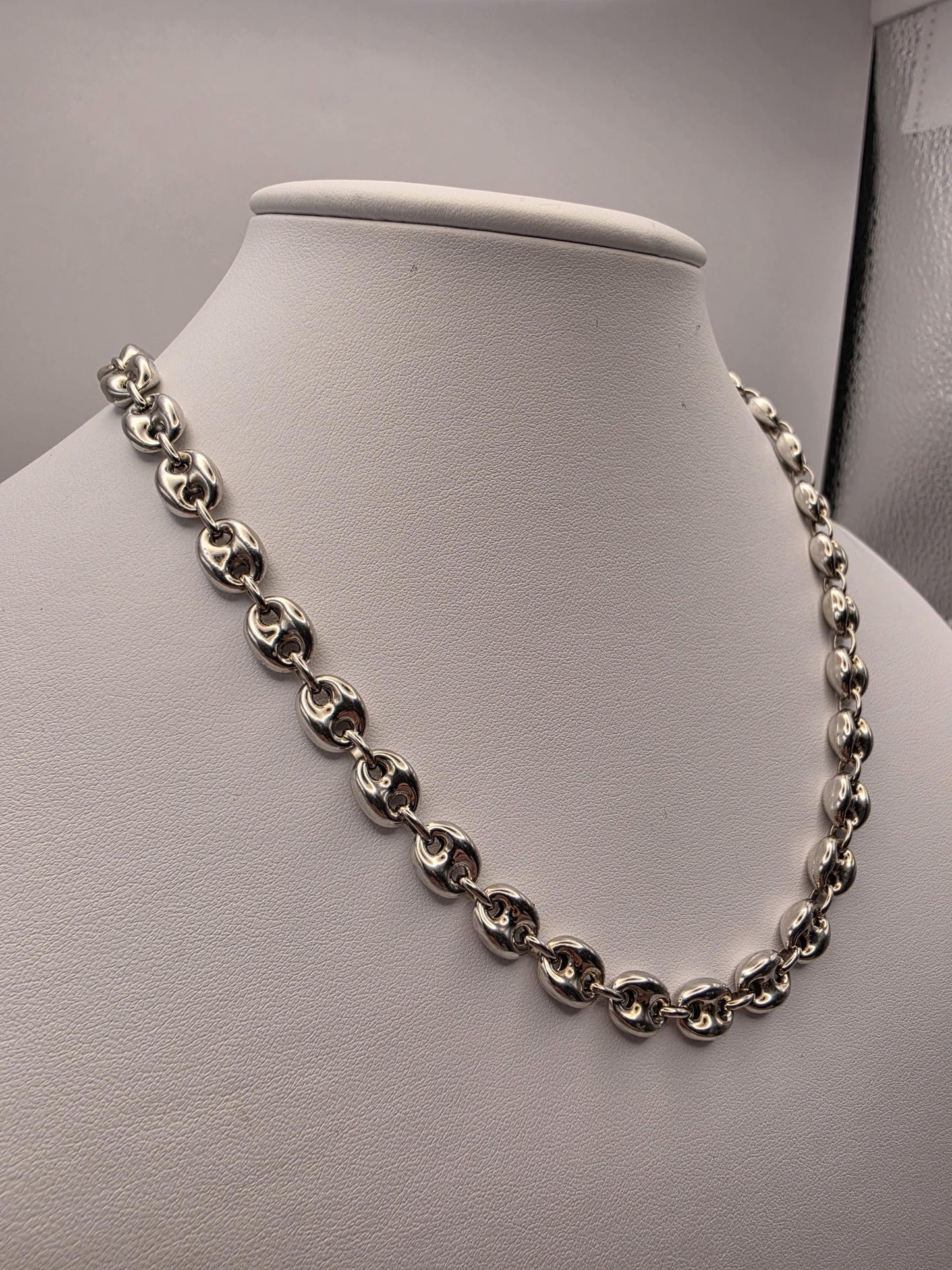Sterling Silver Puffed Mariner Chain Necklace — 8.5mm 18 Inch Coffee Bean Link 925