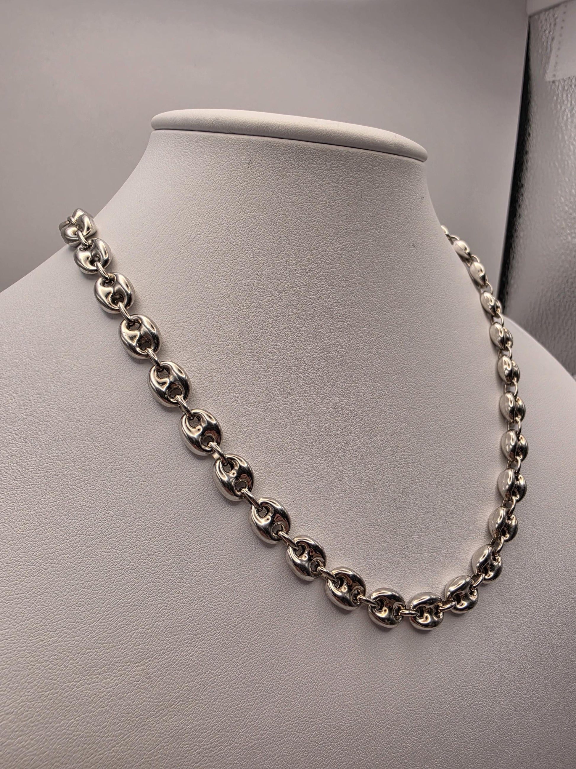 Sterling Silver Puffed Mariner Chain Necklace — 8.5mm 18 Inch Coffee Bean Link 925