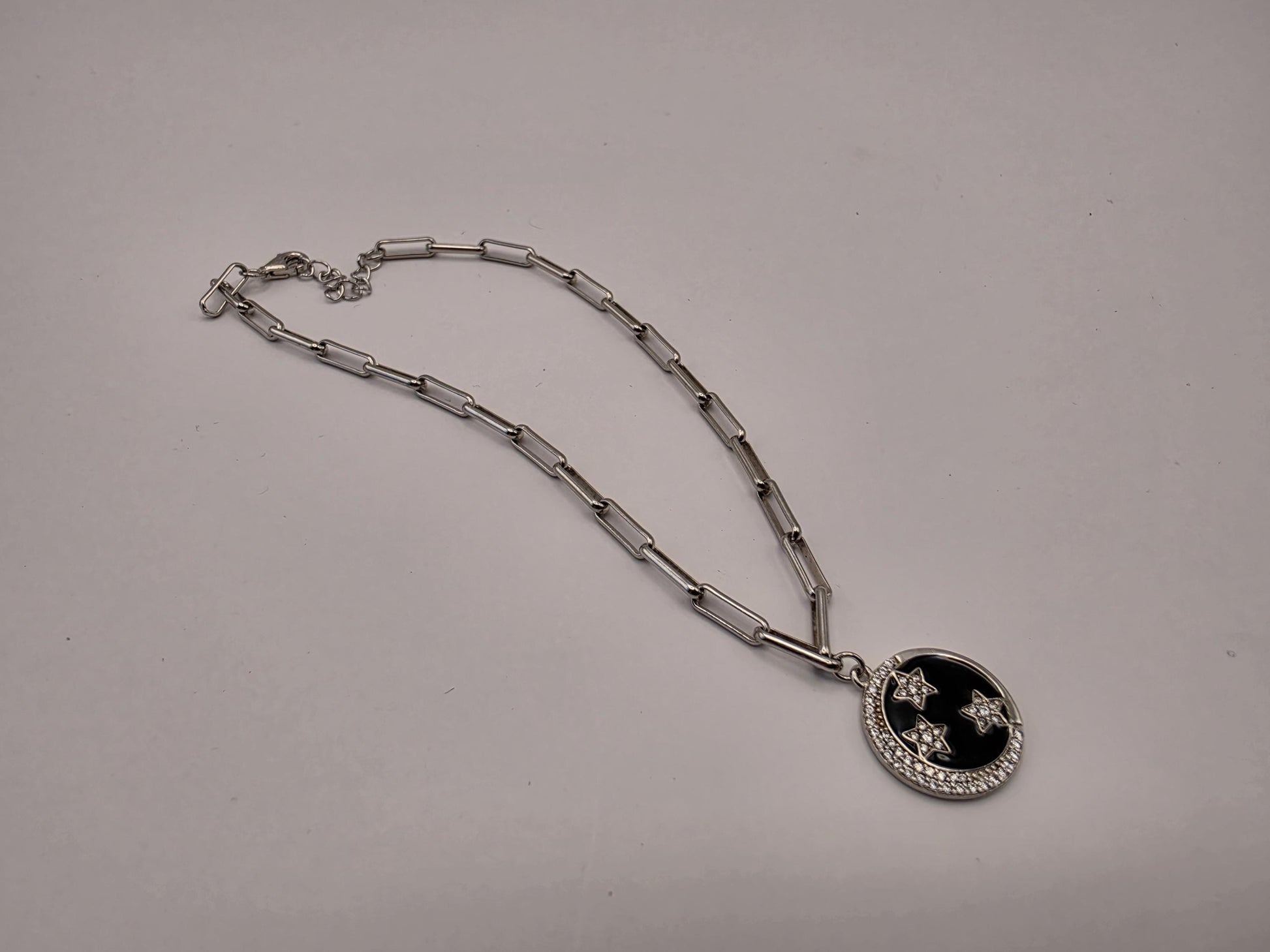 Sterling Silver Paperclip Bracelet — Black Enamel Celestial Star Charm 925