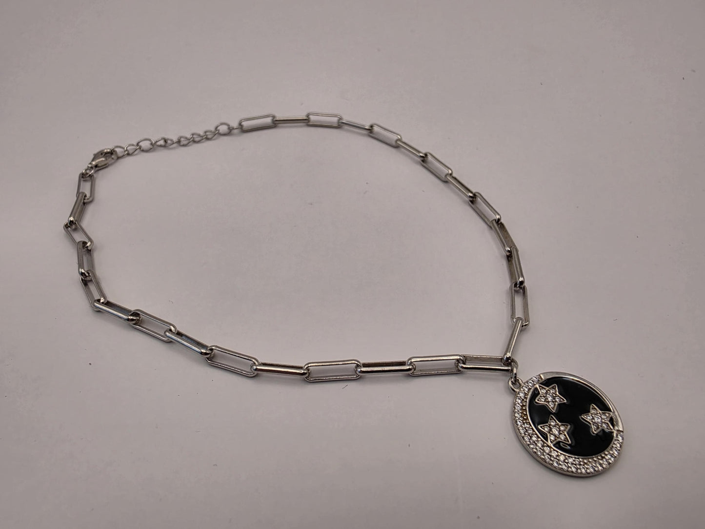 Sterling Silver Paperclip Bracelet — Black Enamel Celestial Star Charm 925