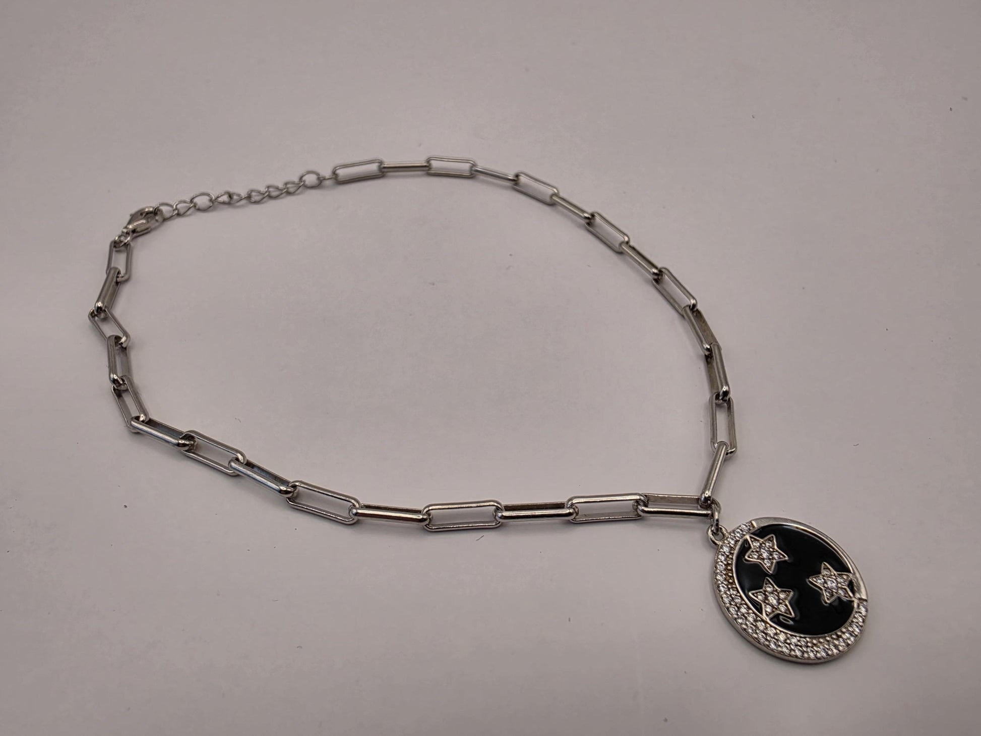 Sterling Silver Paperclip Bracelet — Black Enamel Celestial Star Charm 925