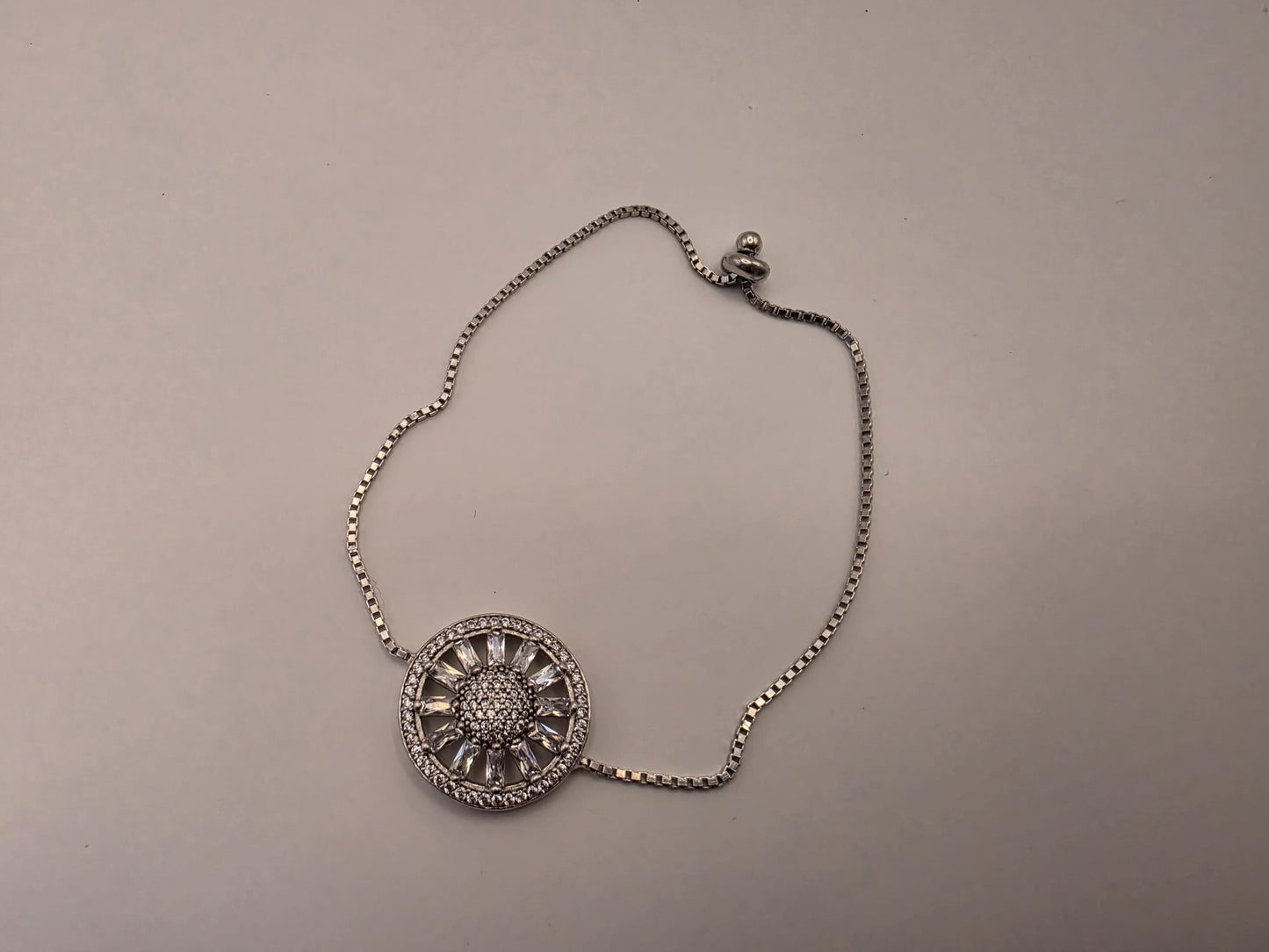 Sterling Silver Adjustable Box Chain Bracelet — Sunburst Baguette CZ Wheel Charm 925