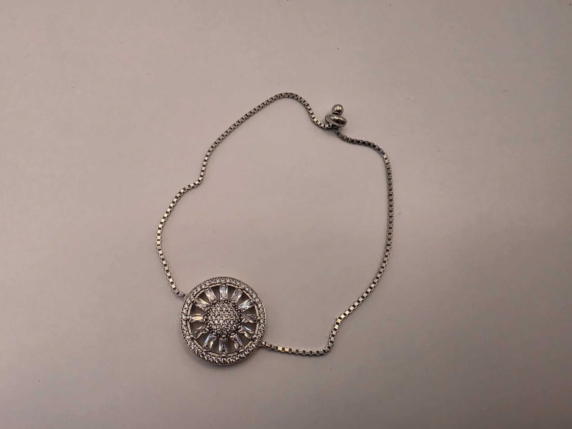 Sterling Silver Adjustable Box Chain Bracelet — Sunburst Baguette CZ Wheel Charm 925