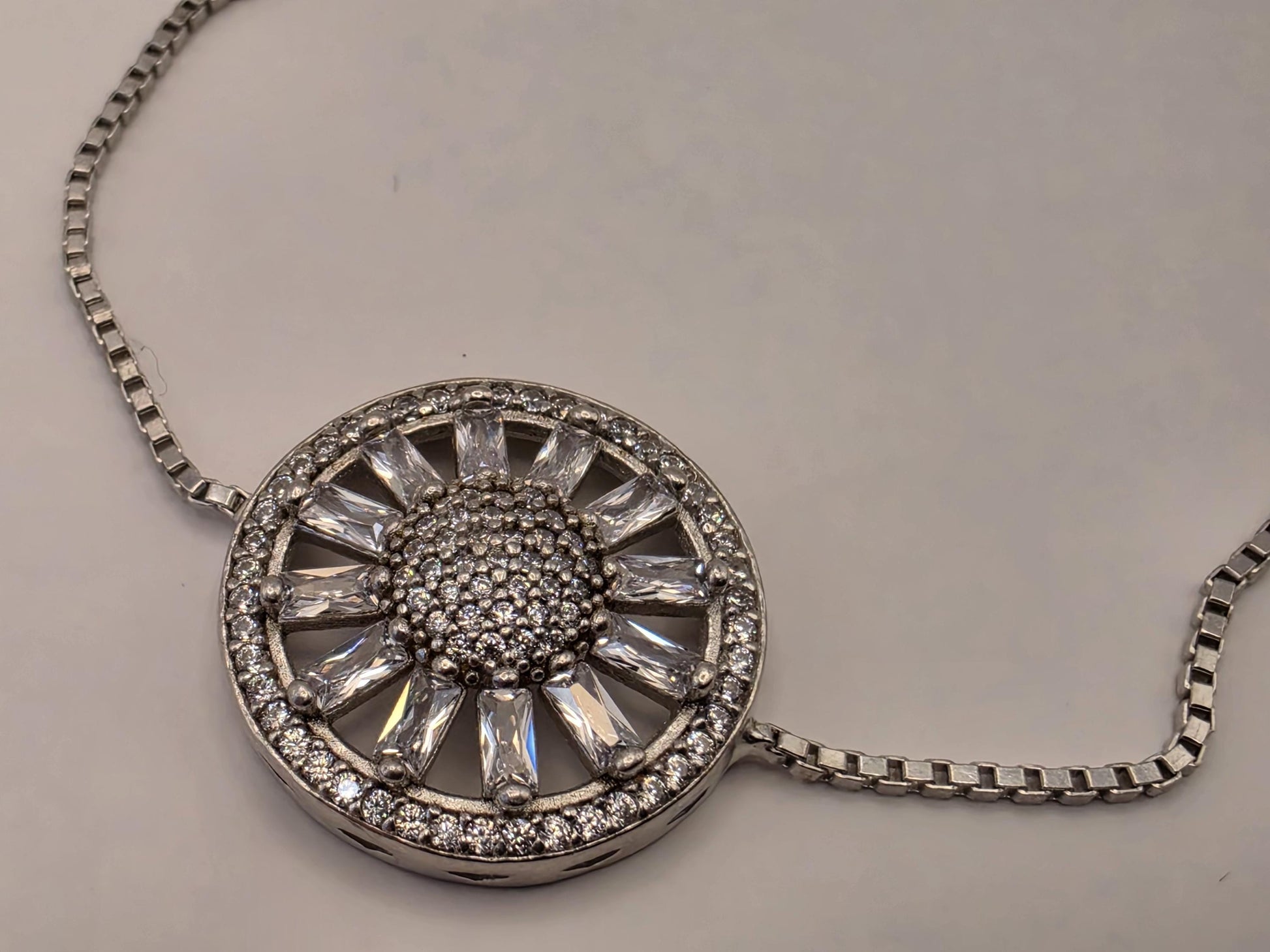 Sterling Silver Adjustable Box Chain Bracelet — Sunburst Baguette CZ Wheel Charm 925