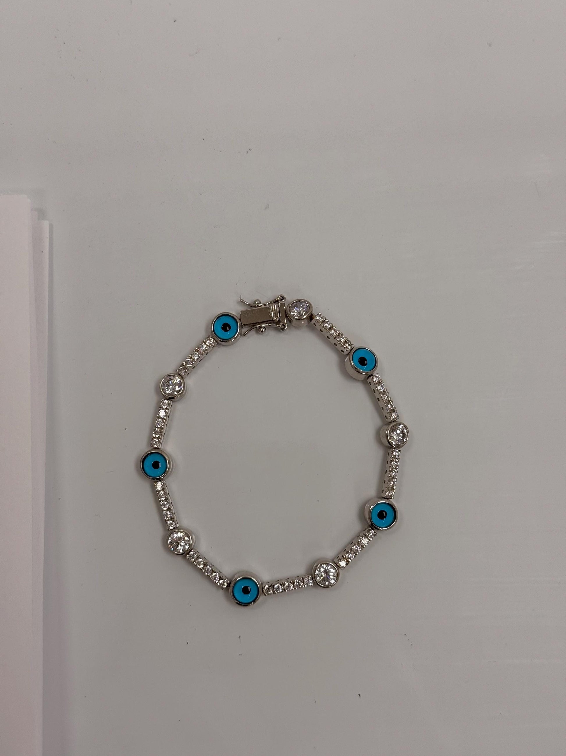 Sterling Silver Evil Eye Bracelet | 925 Silver | Blue Enamel | CZ | 7.5 Inch | Protection Bracelet