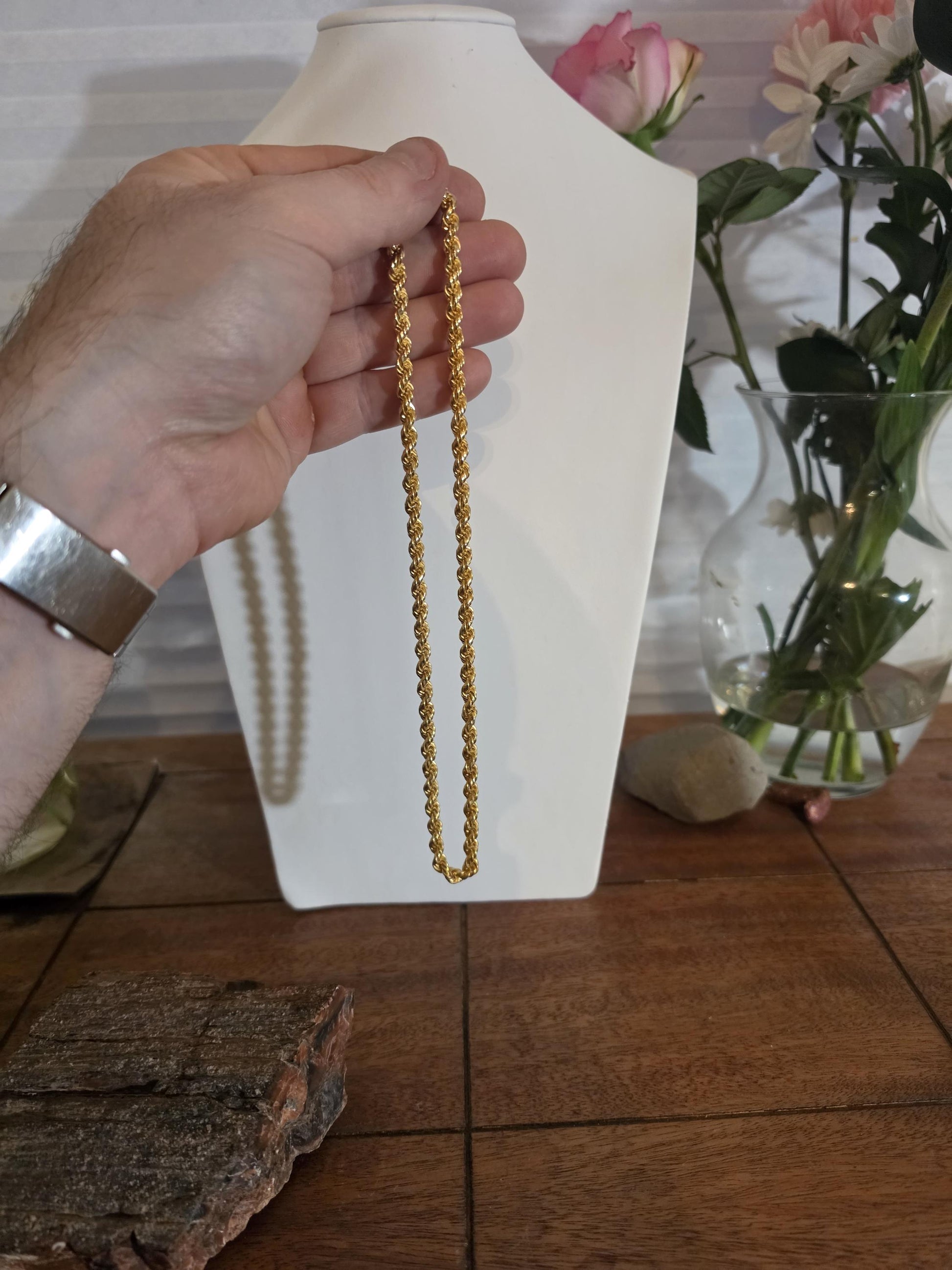 Gold Rope Chain Necklace for Women | 18 Inch 925 Sterling Silver | 5mm Thick Gold Plated Rope Chain