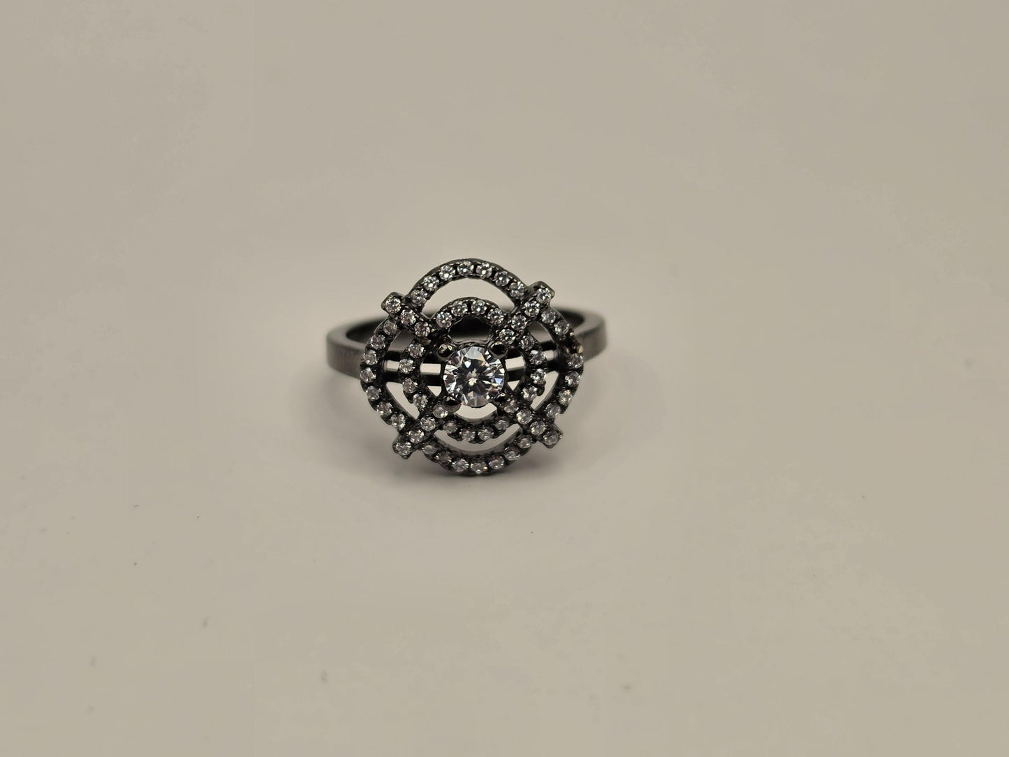 Black Rhodium Sterling Silver CZ Halo Ring, Oxidized Floral Cluster 925 Size 6