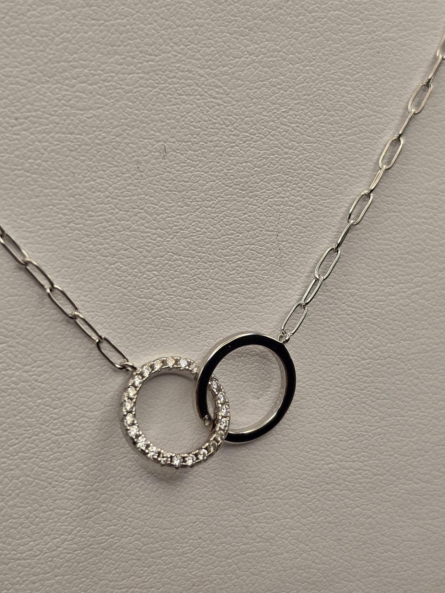 Sterling Silver Interlocking Circle Necklace, CZ Pave Double Ring Pendant 925