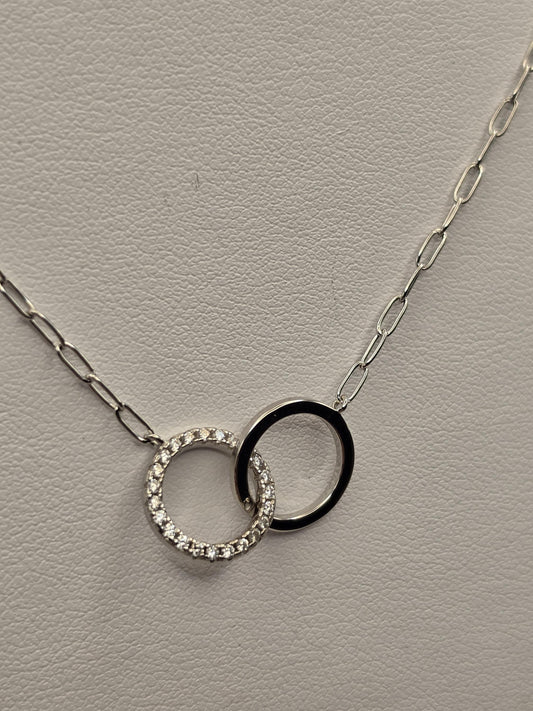 Sterling Silver Interlocking Circle Necklace, CZ Pave Double Ring Pendant 925