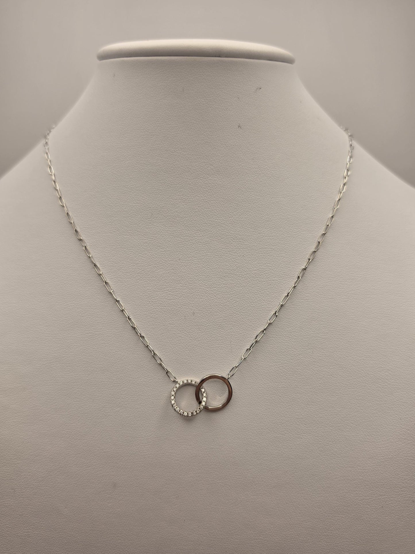 Sterling Silver Interlocking Circle Necklace, CZ Pave Double Ring Pendant 925