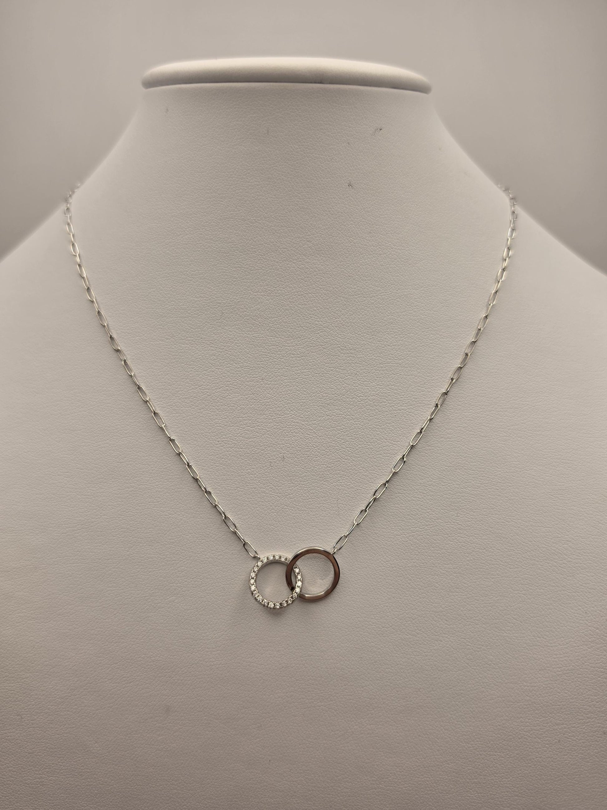 Sterling Silver Interlocking Circle Necklace, CZ Pave Double Ring Pendant 925