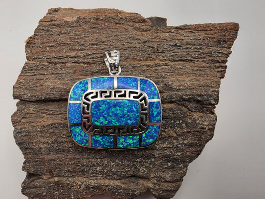 925 Sterling Silver Blue Opal Pendant | Greek Key Border | Large 1.25" Statement Piece