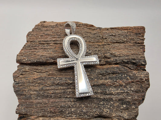 925 Sterling Silver Ankh Cross Pendant | CZ Pave Border | High Polish | 1.5"