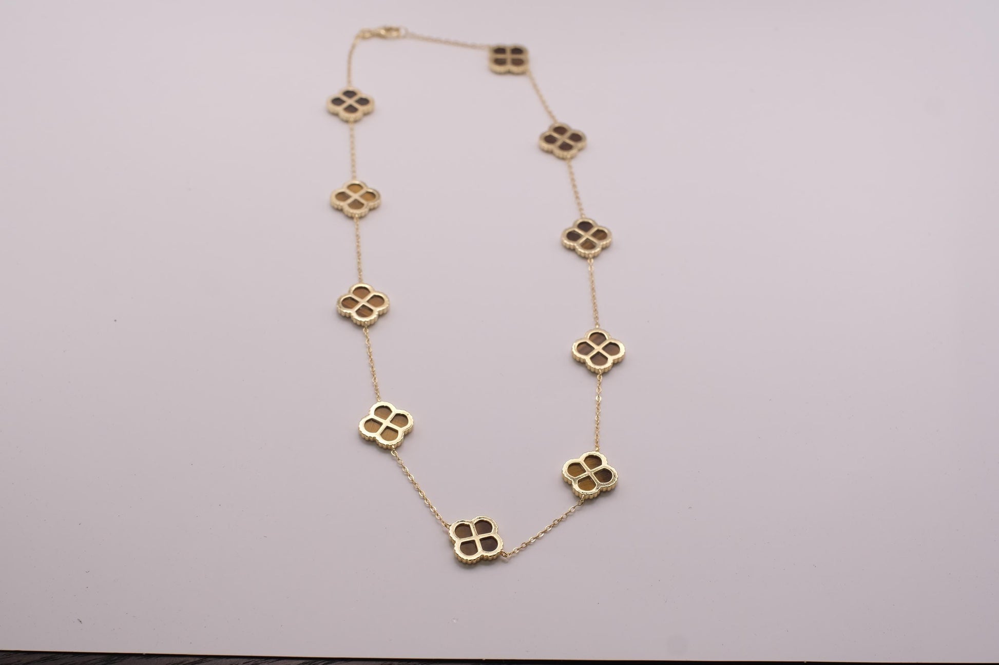 Gold Plated Sterling Silver Brown Clover Necklace | Station Necklace | 18" 20"