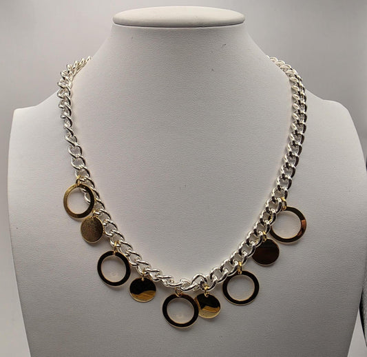 925 Sterling Silver Two-Tone Charm Necklace | Gold Disc & Circle Charms | Curb Chain | 20.5"