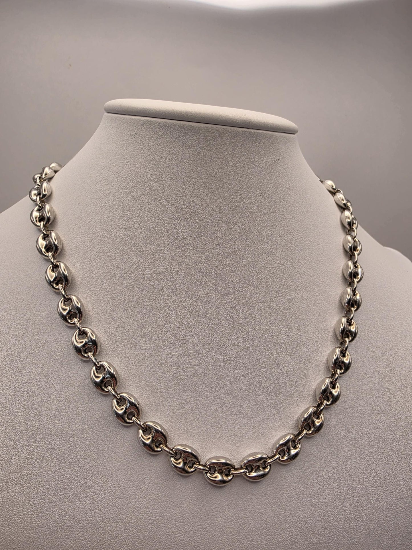 Sterling Silver Puffed Mariner Chain Necklace — 8.5mm 18 Inch Coffee Bean Link 925
