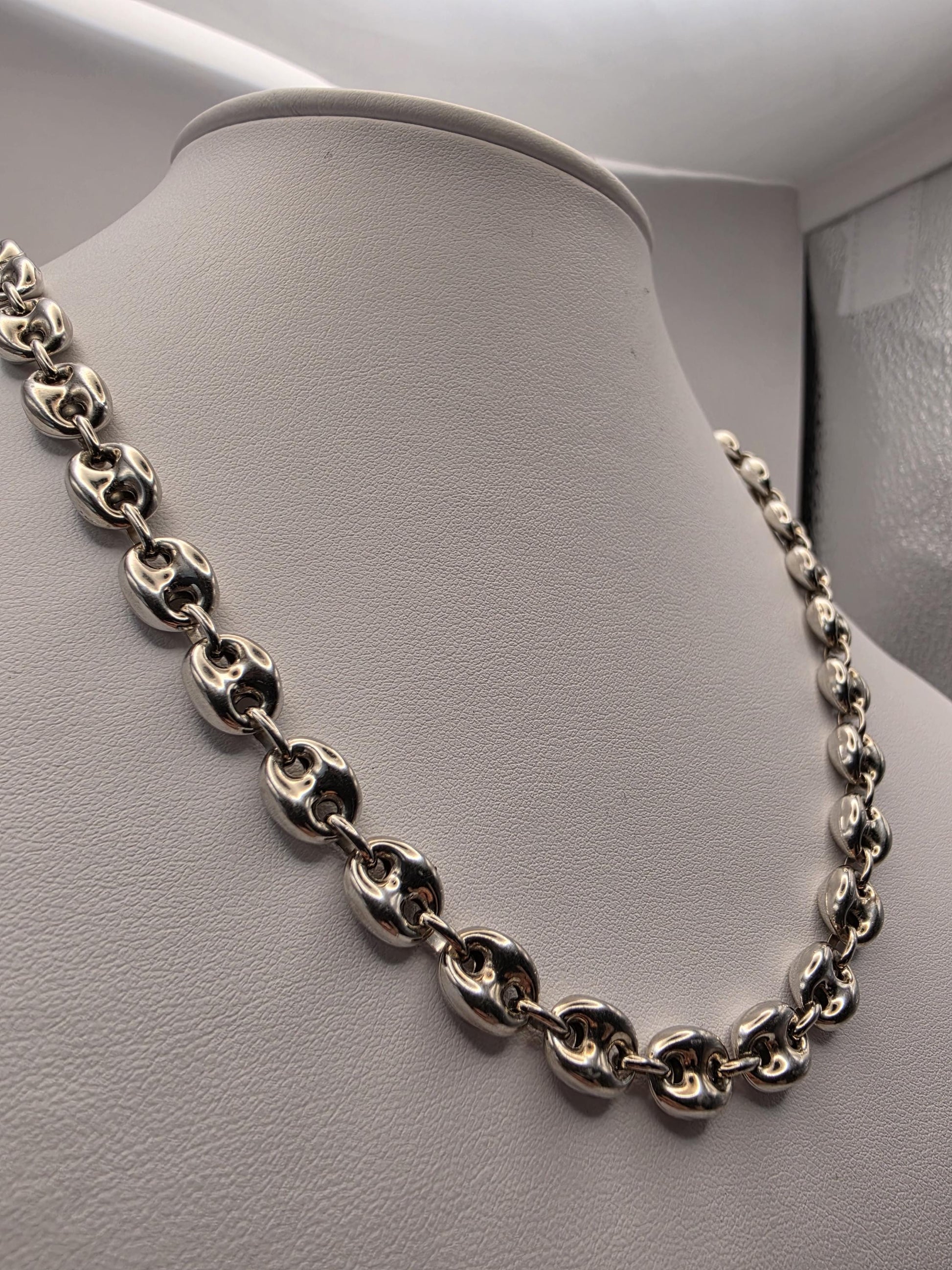 Sterling Silver Puffed Mariner Chain Necklace — 8.5mm 18 Inch Coffee Bean Link 925