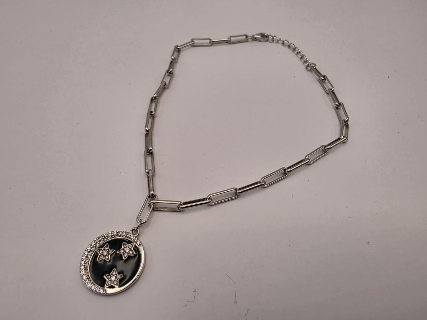 Sterling Silver Paperclip Bracelet — Black Enamel Celestial Star Charm 925