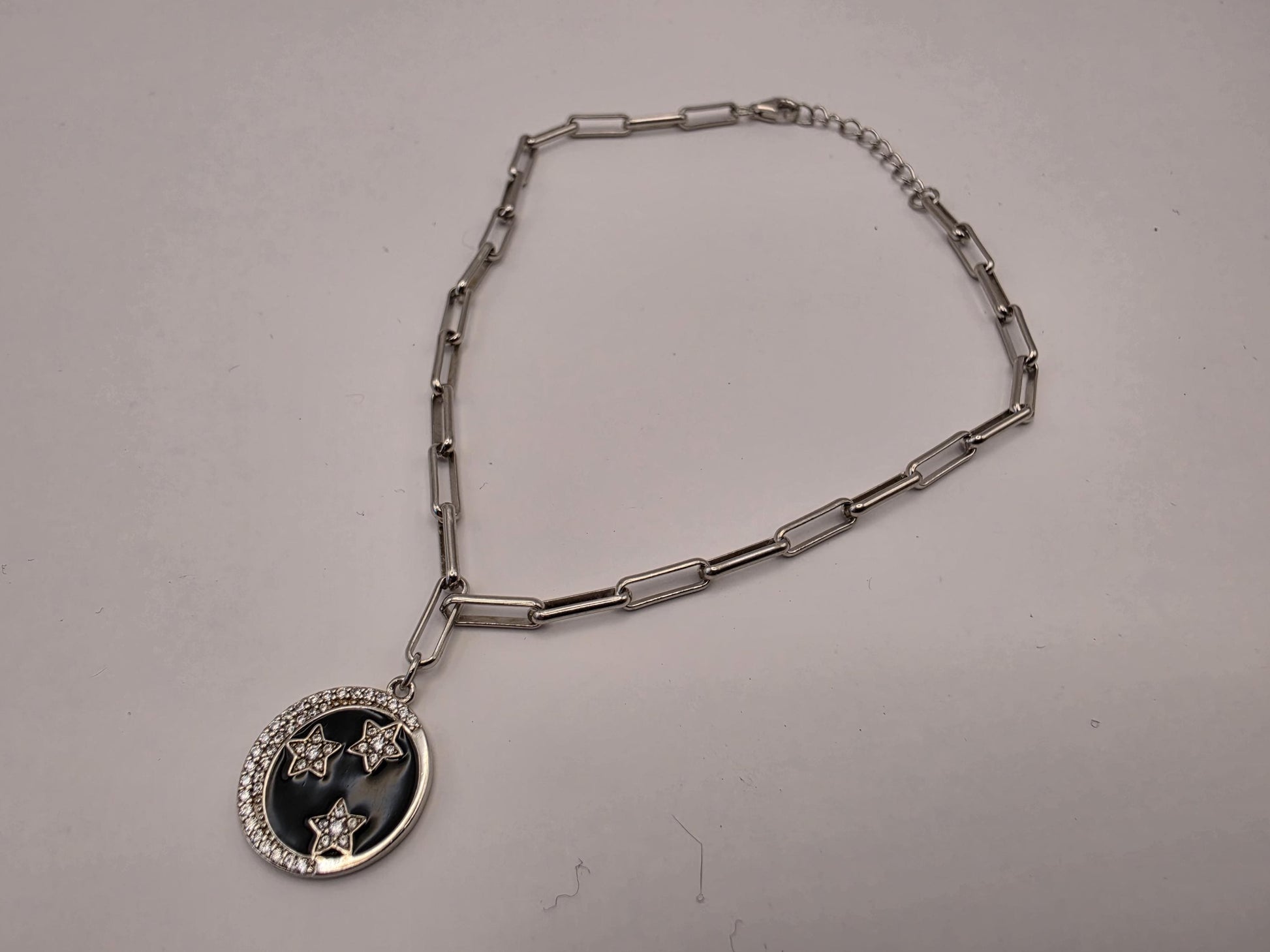 Sterling Silver Paperclip Bracelet — Black Enamel Celestial Star Charm 925