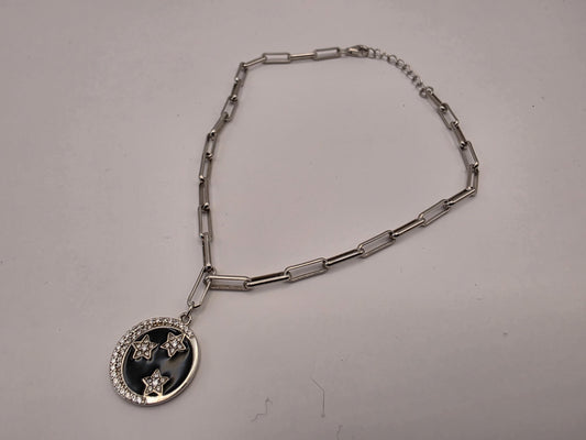 Sterling Silver Paperclip Bracelet — Black Enamel Celestial Star Charm 925