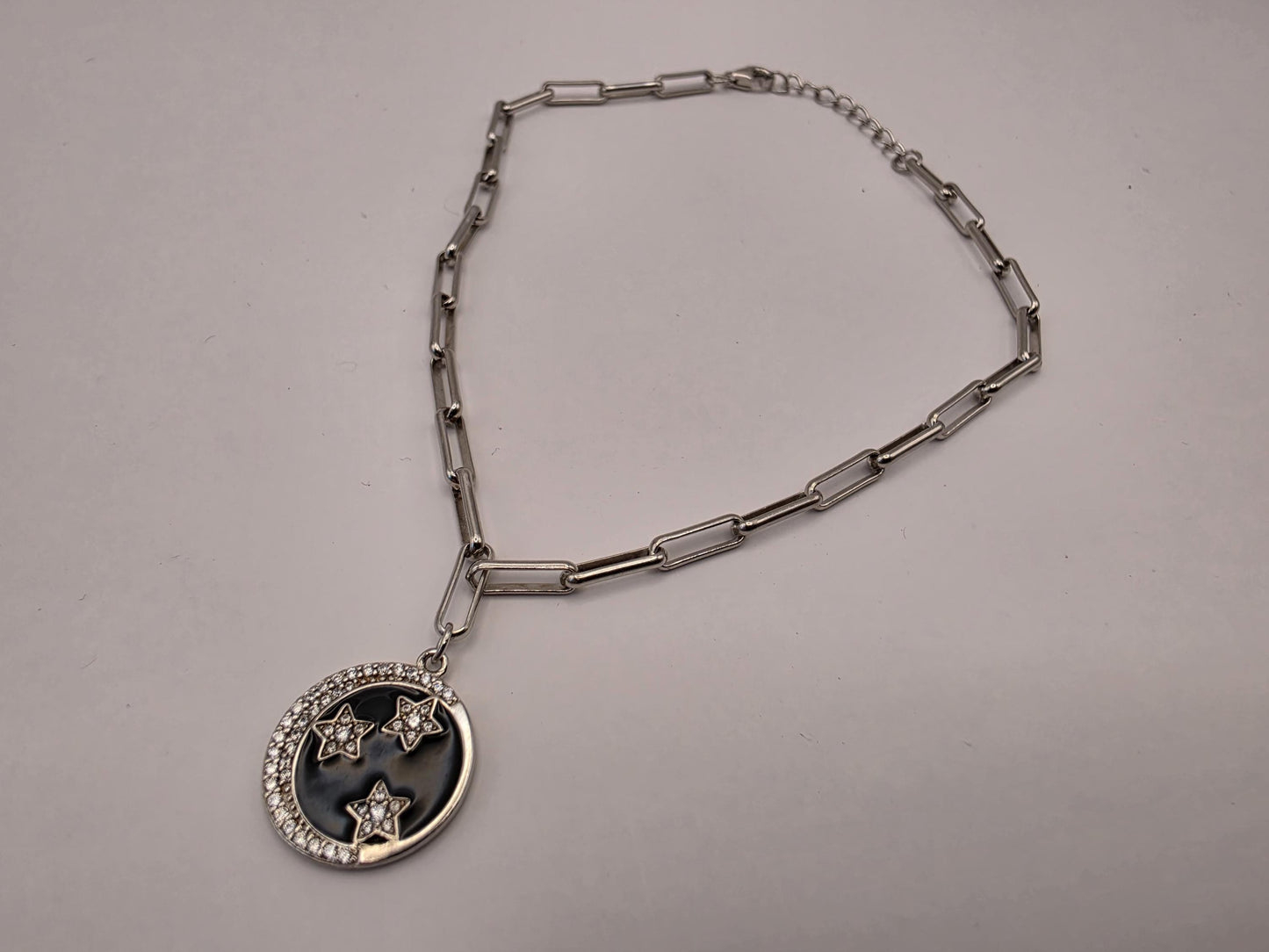 Sterling Silver Paperclip Bracelet — Black Enamel Celestial Star Charm 925