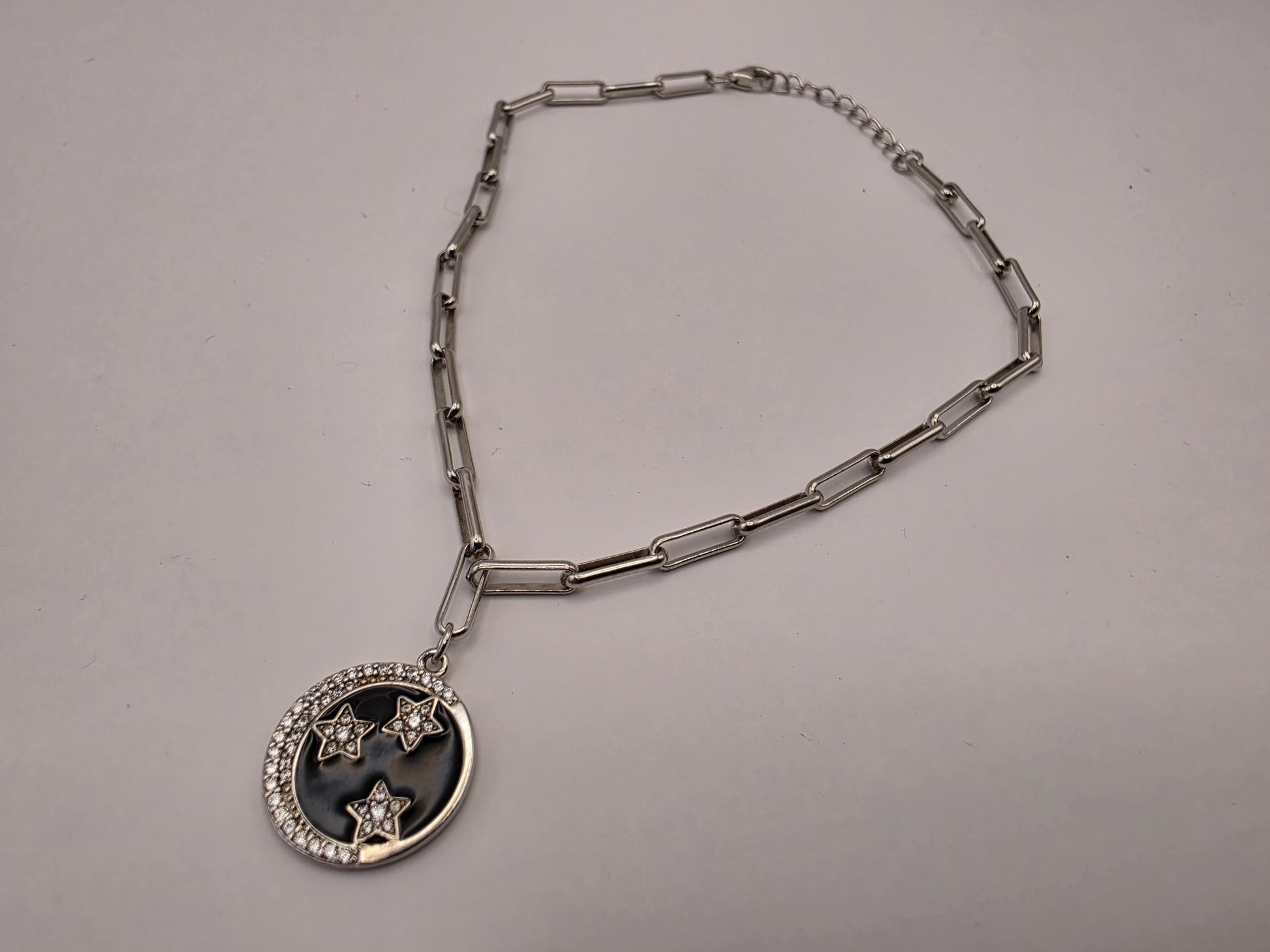 Sterling Silver Paperclip Bracelet — Black Enamel Celestial Star Charm 925