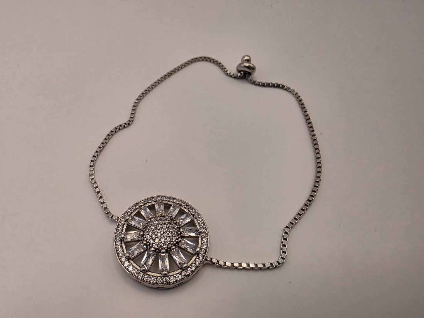 Sterling Silver Adjustable Box Chain Bracelet — Sunburst Baguette CZ Wheel Charm 925