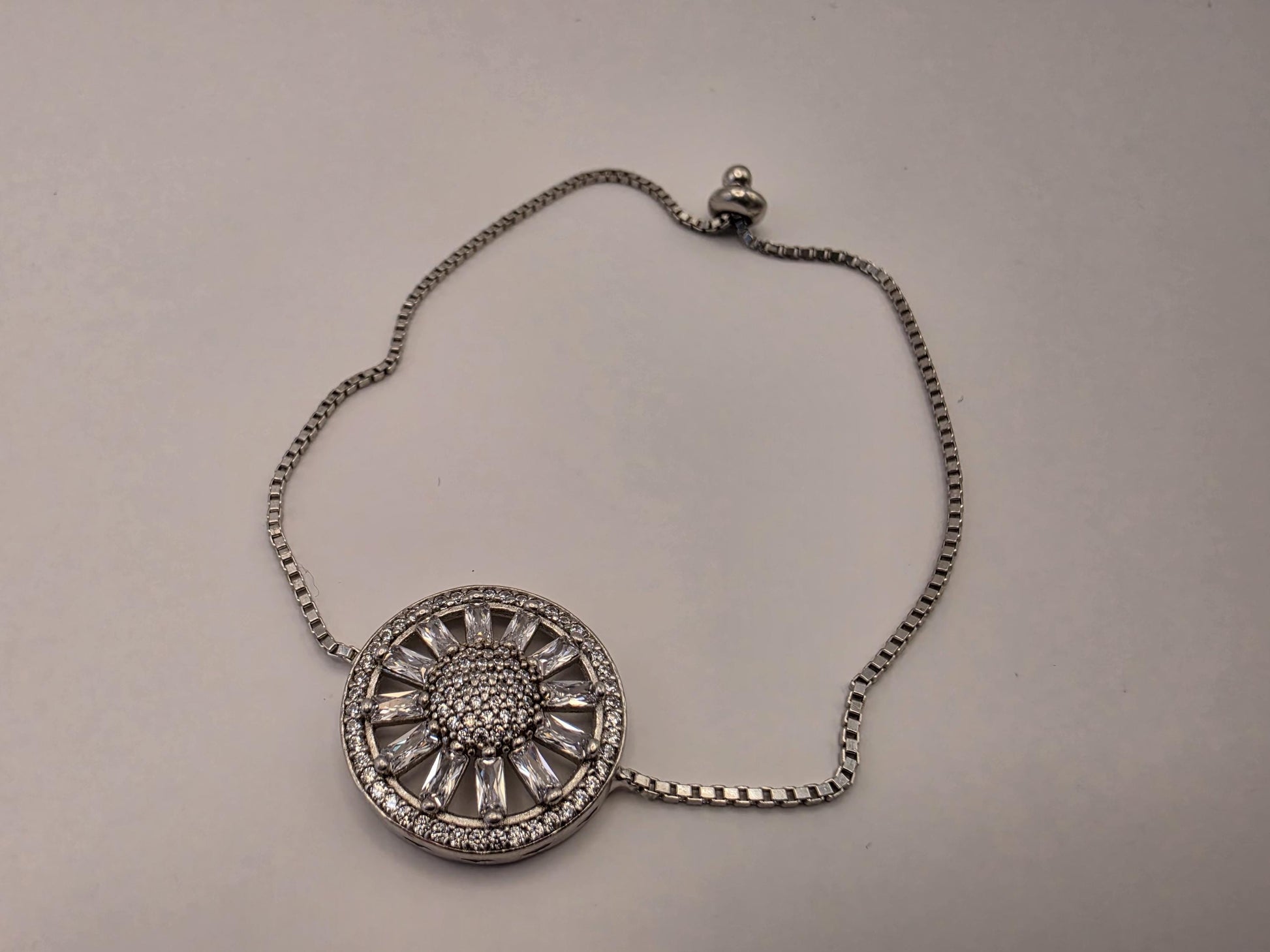 Sterling Silver Adjustable Box Chain Bracelet — Sunburst Baguette CZ Wheel Charm 925