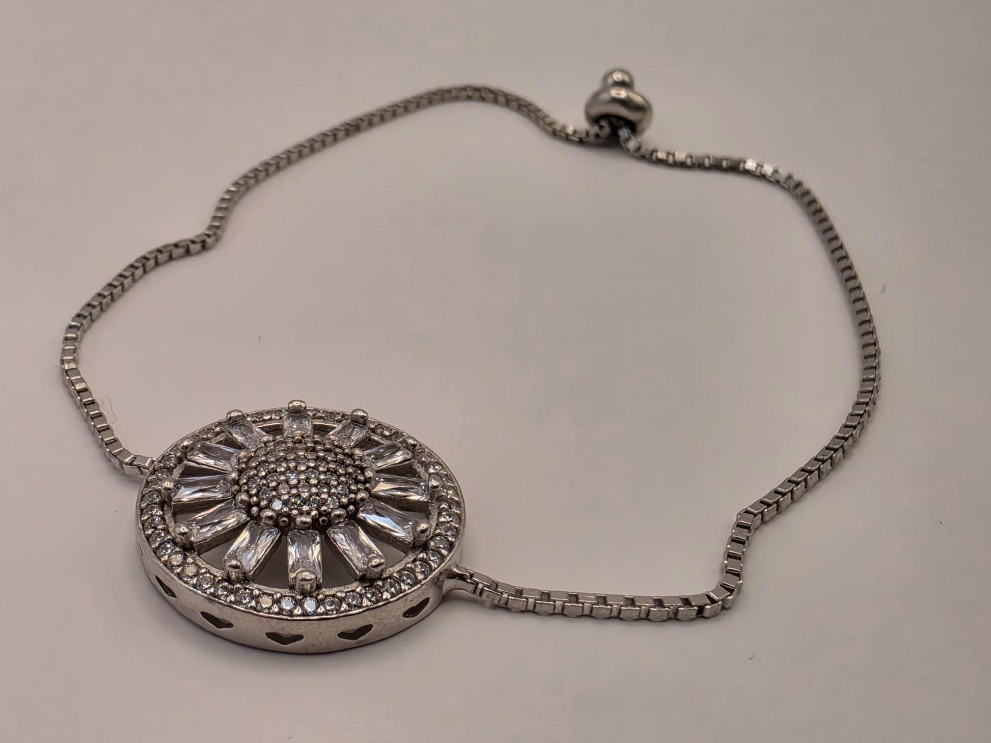 Sterling Silver Adjustable Box Chain Bracelet — Sunburst Baguette CZ Wheel Charm 925
