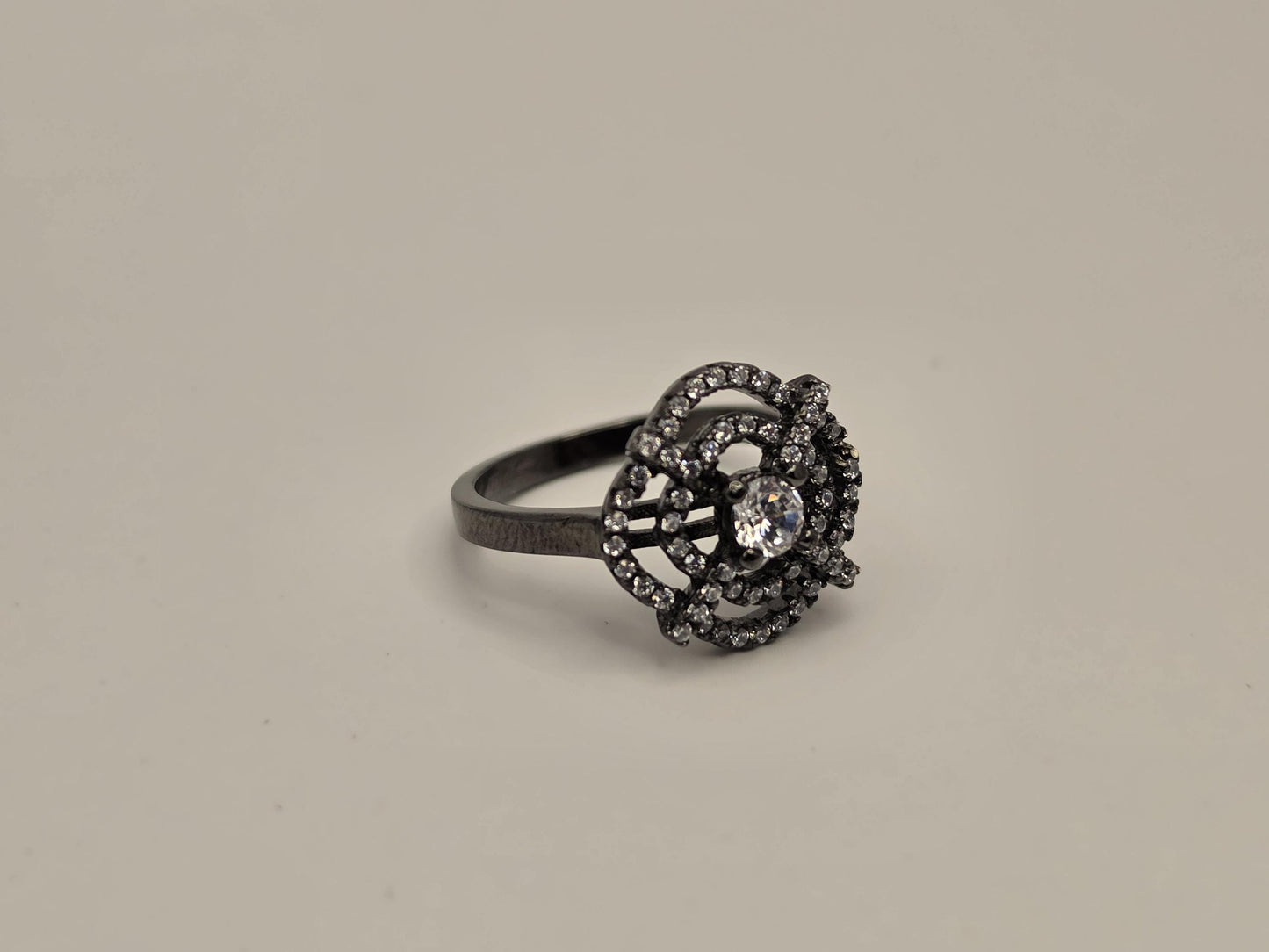 Black Rhodium Sterling Silver CZ Halo Ring, Oxidized Floral Cluster 925 Size 6