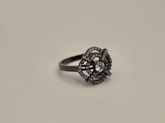 Black Rhodium Sterling Silver CZ Halo Ring, Oxidized Floral Cluster 925 Size 6