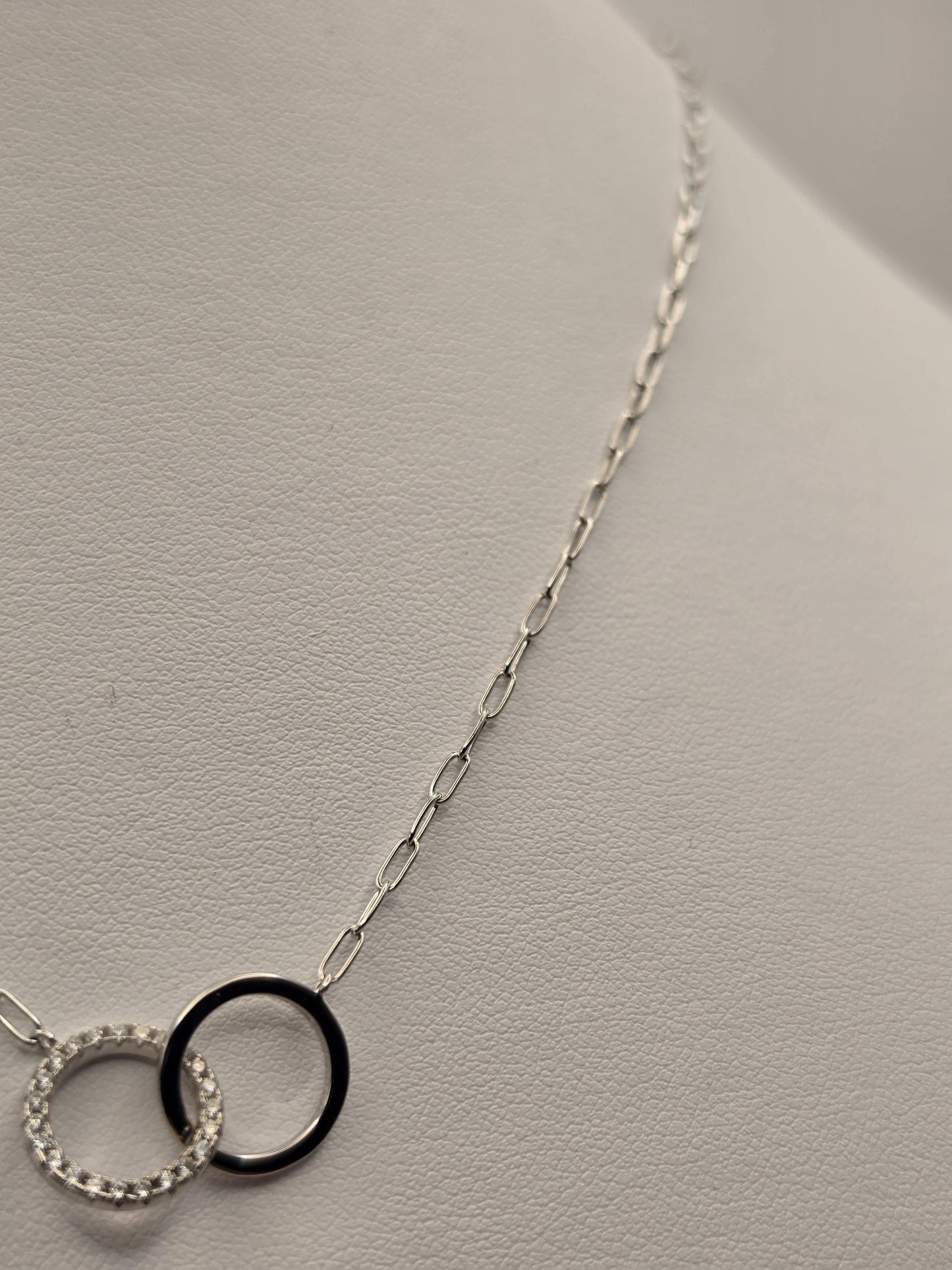 Sterling Silver Interlocking Circle Necklace, CZ Pave Double Ring Pendant 925