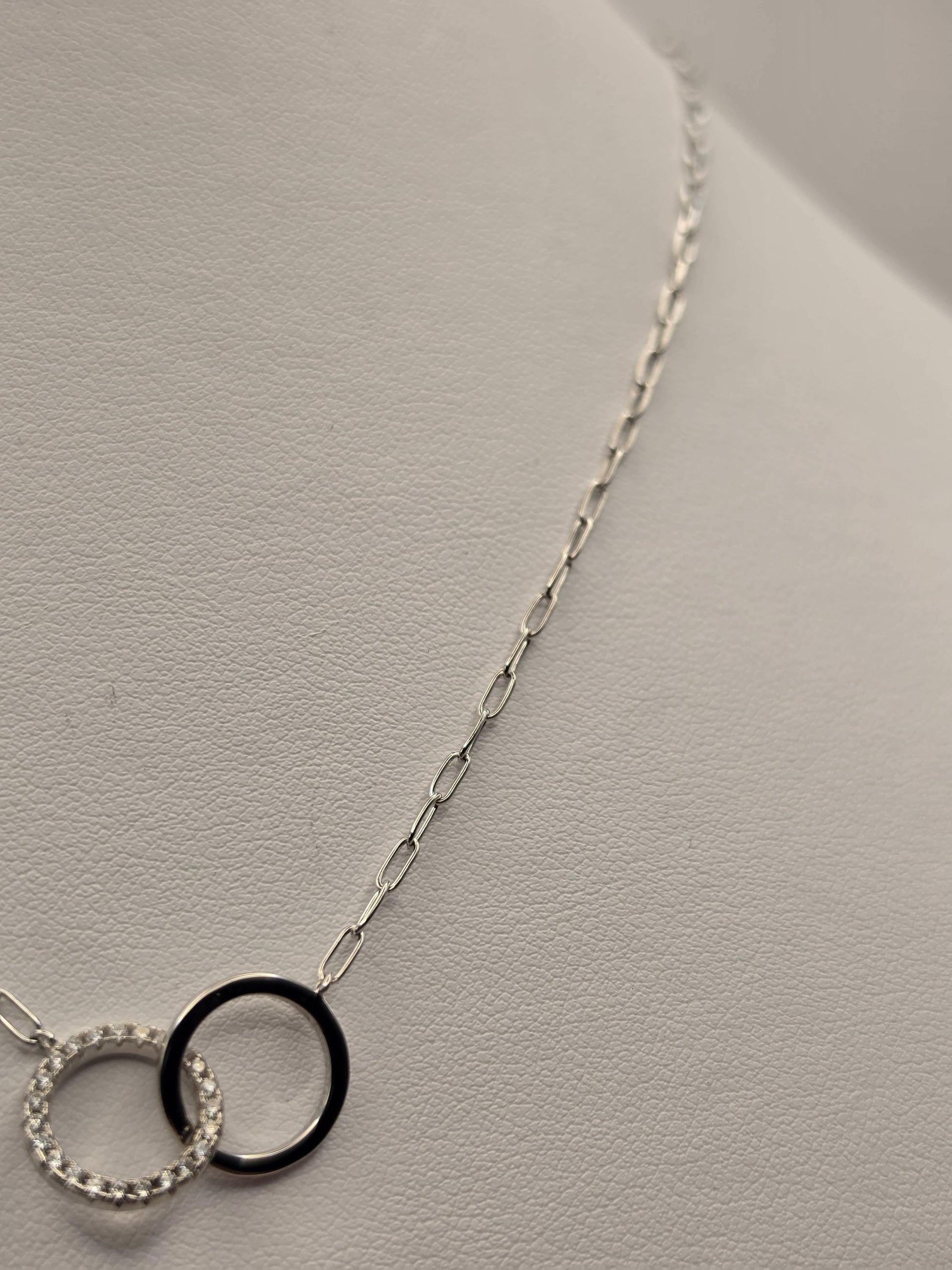 Sterling Silver Interlocking Circle Necklace, CZ Pave Double Ring Pendant 925