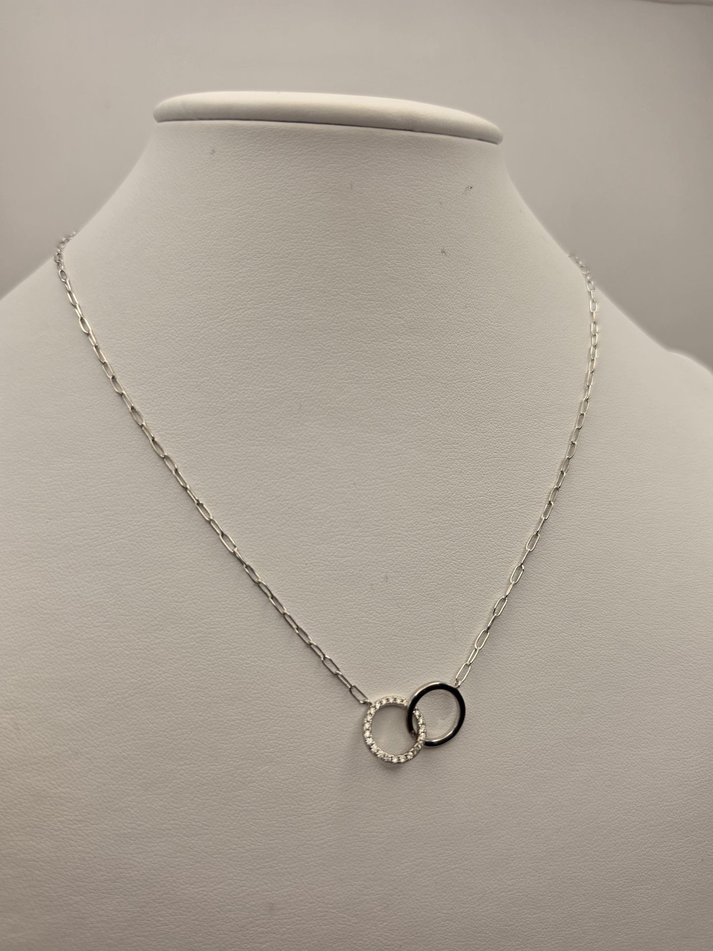 Sterling Silver Interlocking Circle Necklace, CZ Pave Double Ring Pendant 925