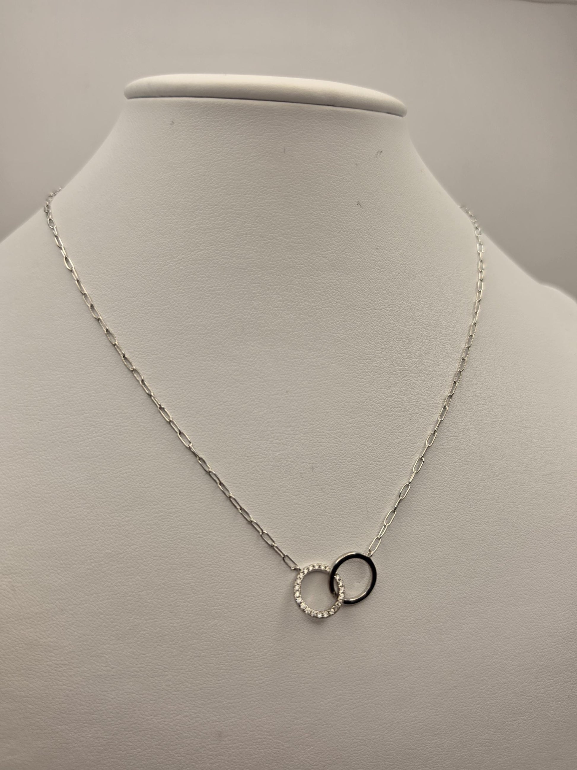 Sterling Silver Interlocking Circle Necklace, CZ Pave Double Ring Pendant 925