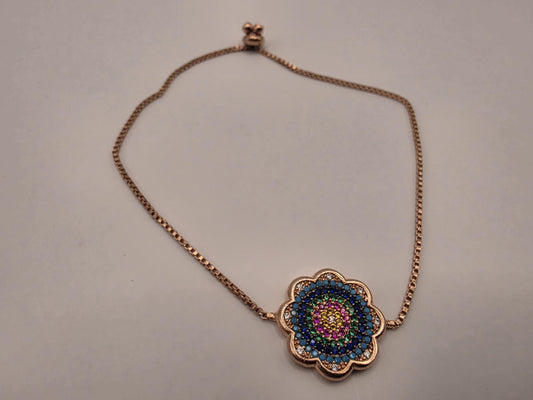 Rose Gold Plated Adjustable Mandala Bracelet | 9 Inch Sliding Box Chain with Flower CZ Pendant | Boho Bracelet