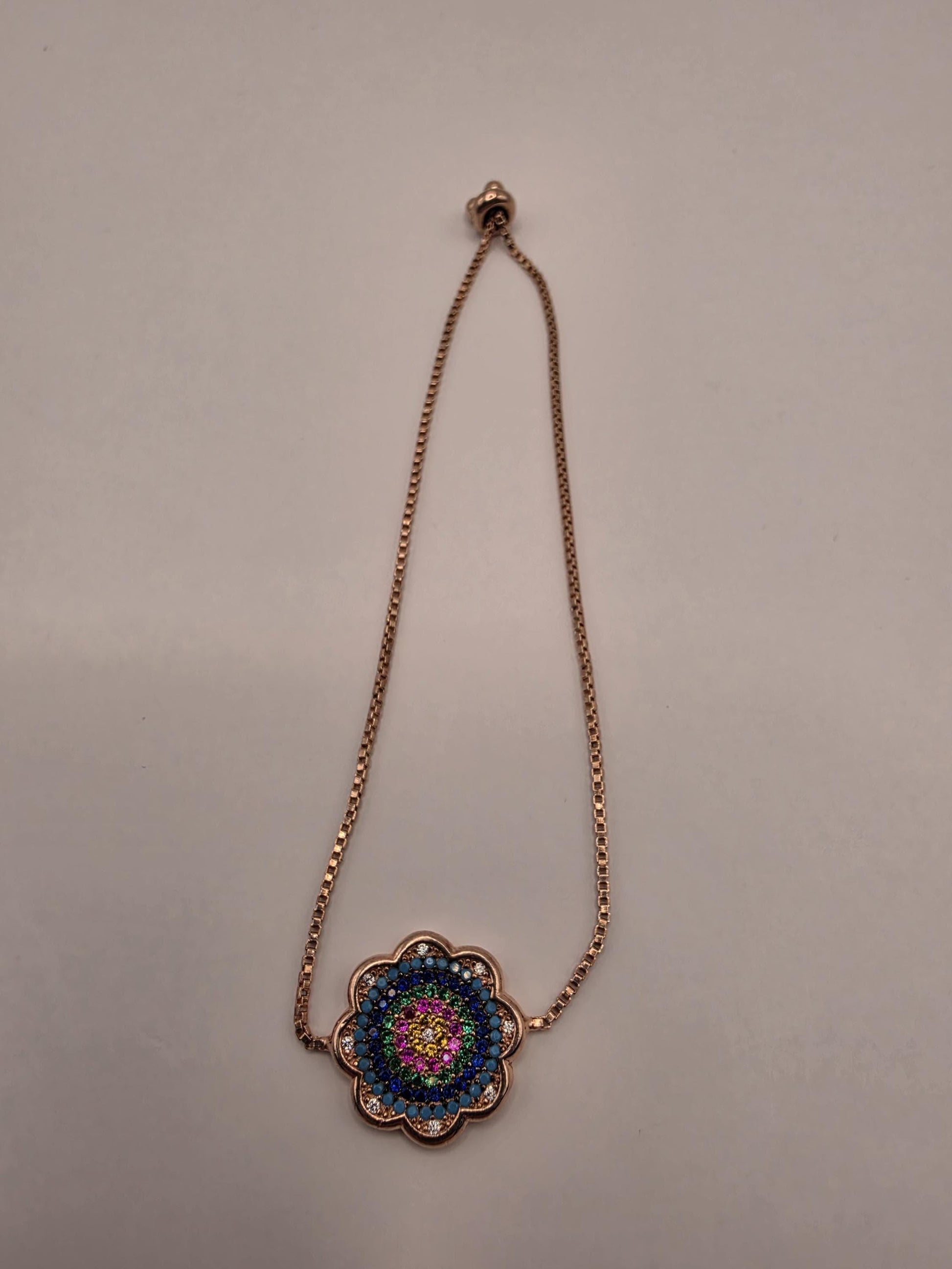 Rose Gold Plated Adjustable Mandala Bracelet | 9 Inch Sliding Box Chain with Flower CZ Pendant | Boho Bracelet