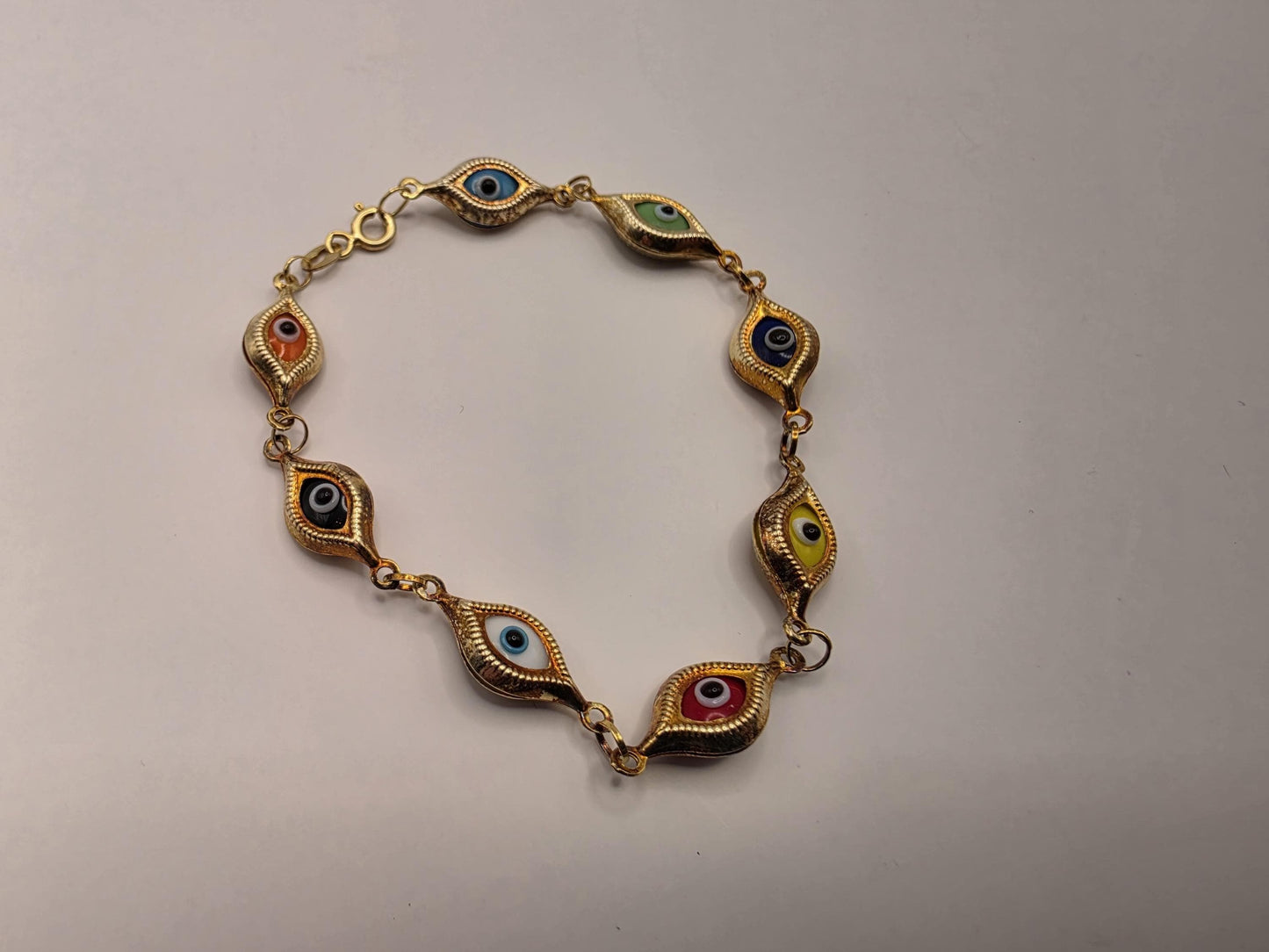 Gold Plated Multi-Color Evil Eye Bracelet | 7 Inch Enamel Evil Eye Link Chain | Boho Protection Bracelet